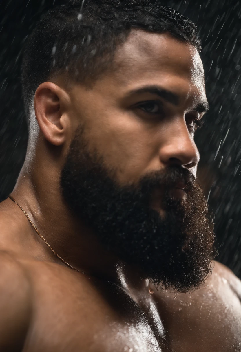 (((2heads))), muscle, Dominican 30yo man, big pecs, big biceps, full body, buzz cut, shower, wet, hands on body, no shirt, big bulge, speedo, very wide shoulders, big thick beard, realistic, beard