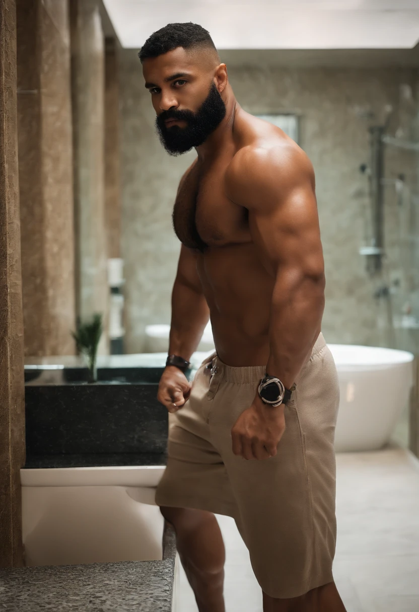 (((2heads))), muscle, Dominican 30yo man, big pecs, big biceps, full body, buzz cut, shower, wet, hands on body, no shirt, big bulge, speedo, very wide shoulders, big thick beard, realistic, beard