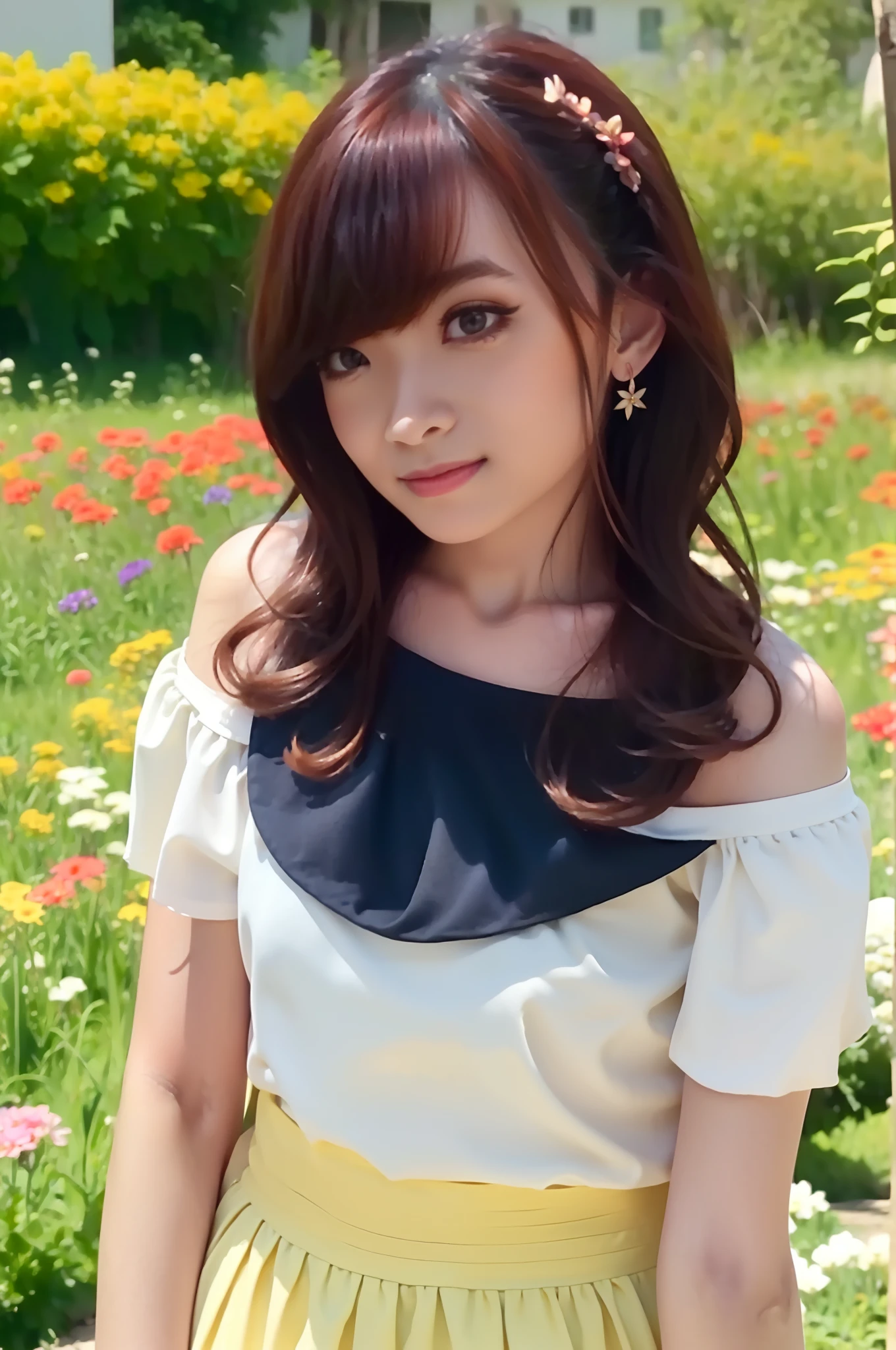 1female, beautiful face, standing feminine style, at the flower garden, wearing off-shoulder shirt, hotskirt, love earrings, long bangs hair, full body, close up, little smile, ultra high quality, Masterpiece