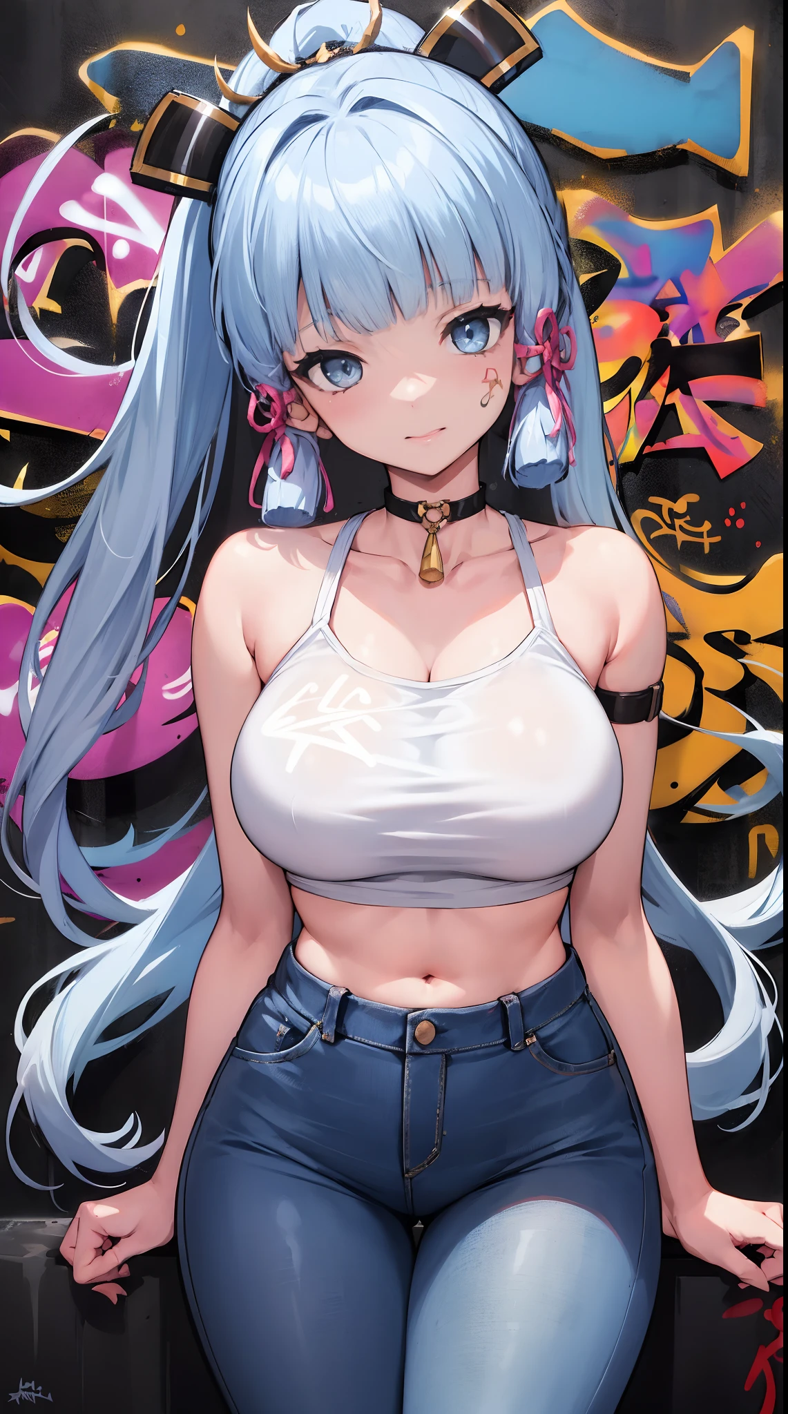 kamisato ayaka|genshin impact, master-piece, bestquality, 1girls,25 years old, proportional body, elongated legs, Beautiful, proportional., crop top, Long Jeans, gigantic breasts, ,bara, crop top, choker, (Graffiti:1.5), Splash with purple lightning pattern., arm behind back, against wall, View viewers from the front., Thigh strap, Head tilt, bored,