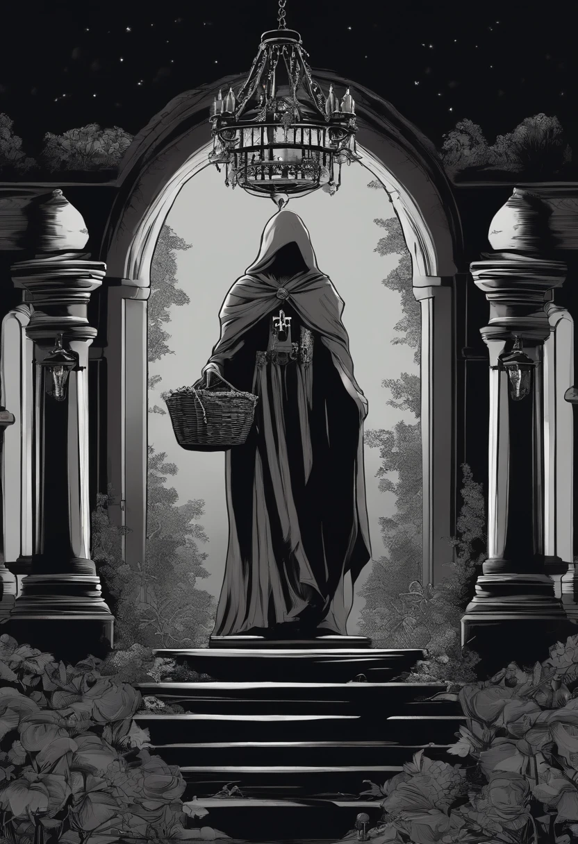 /imagine prompt: The gravekeeper carries a chandelier,Illustration with sticker on black background,Cemetery,The outline is bold, Jagged edges, Trash core, Light and Shadow - V 5.2