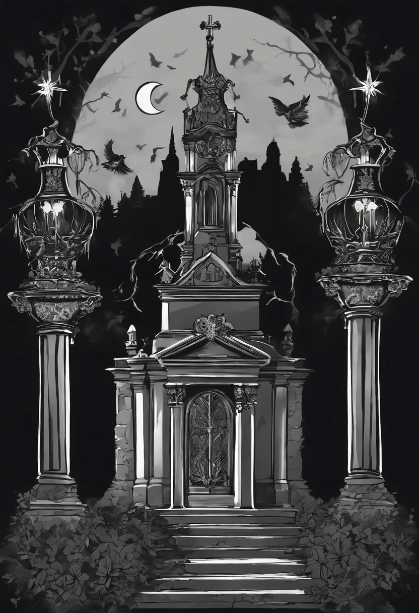 /imagine prompt: The gravekeeper carries a chandelier,Illustration with sticker on black background,Cemetery,The outline is bold, Jagged edges, Trash core, Light and Shadow - V 5.2