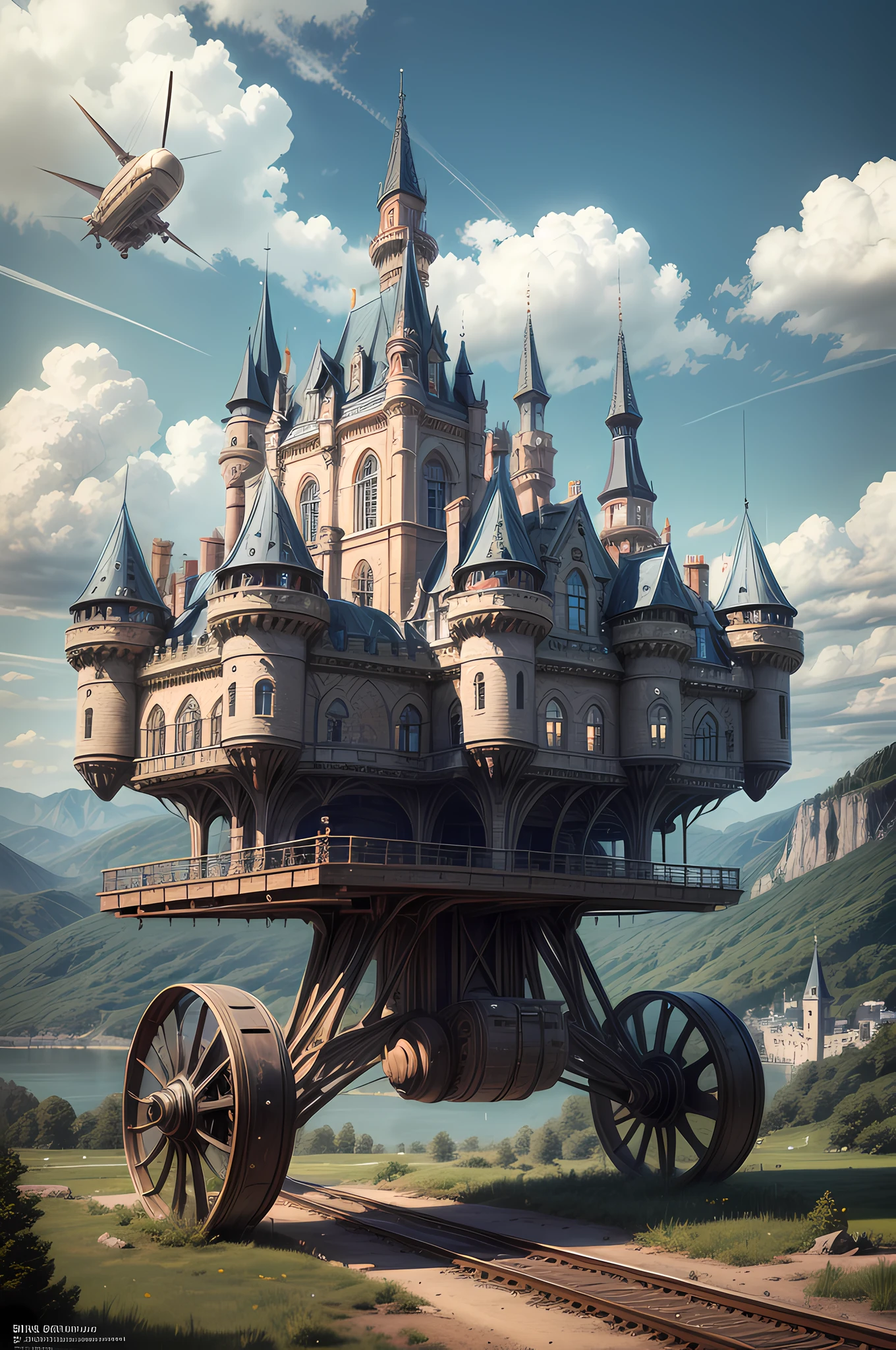 a long shot picture of a steampunk castle moving on wheeled motorized platform rolling hills, s steampunk castle with (turrets: 1.1), (towers:1.1), (bridges:1.2), (barbican:1.1), canons on the walls, a blimp flying by, green rolling hills background, wheeled platform, (castle on the platform:1.3) huge epic platform with many wheels carrying the castle, Photorealistic, 16k, RAW, award winning, [ultra detailed], masterpiece, best quality, (ultra detailed), full body, ultra wide shot,