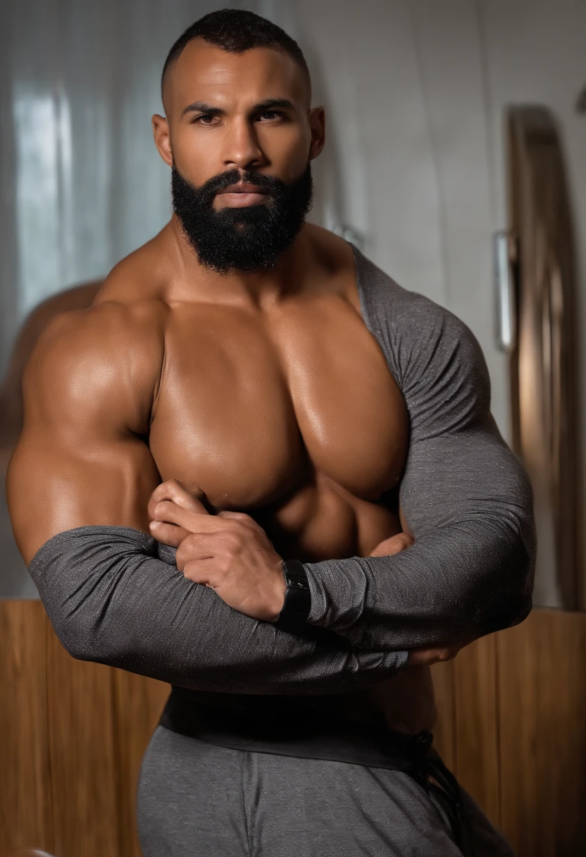 ((2heads)) muscle, Dominican 30yo man, big pecs, big biceps, full body, buzz cut, shower, wet, hands on body, no shirt, big bulge, speedo, very wide shoulders, big thick beard, realistic, beard