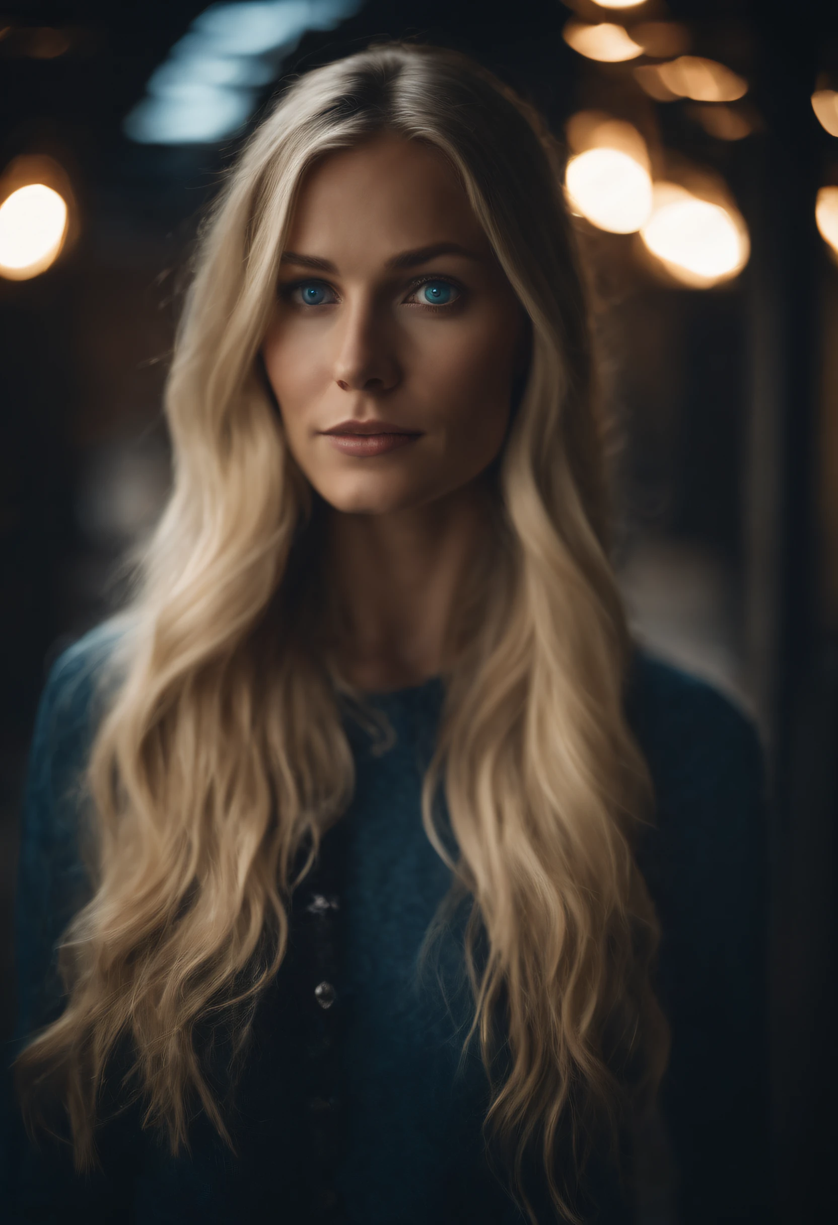 Portrait of a blonde woman with blue eyes with long hair and tall slim