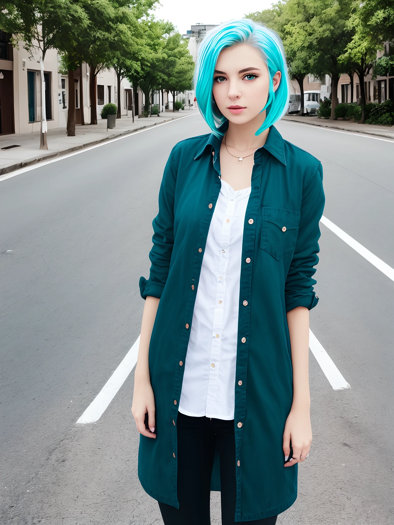 A white girl on a street with blue hairs and green eyes