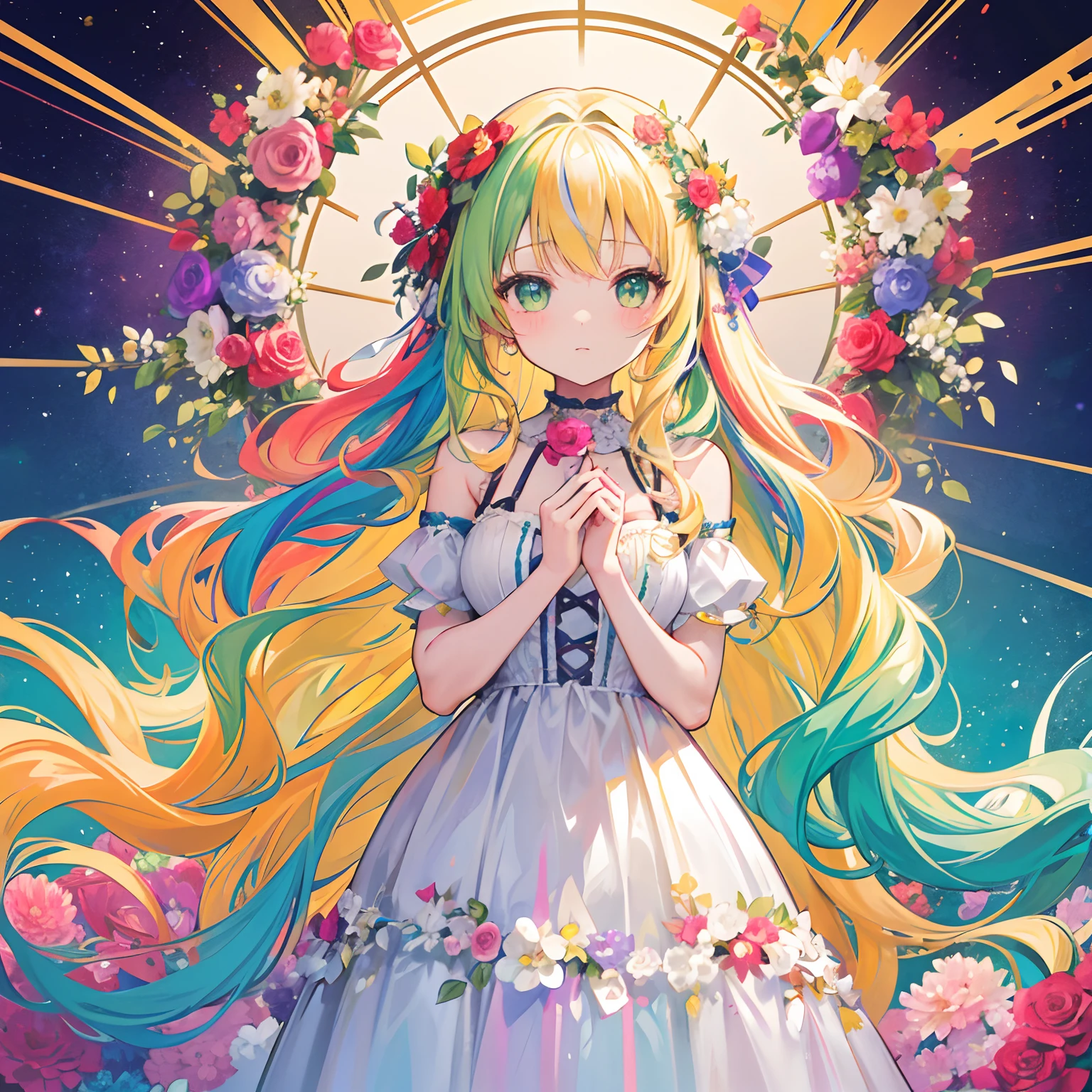 1 girl 18 years,long wavy blonde hair with vibrant rainbow colors at the ends,flower wreath,green eyes,long rainbow colored gown