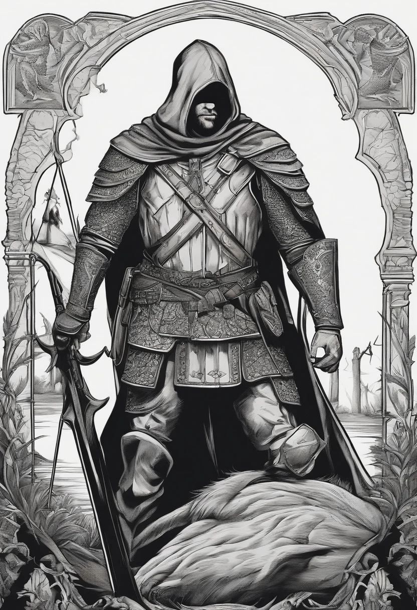 /imagine prompt: Excellent hunter illustration with sticker on black background,Take a shotgun and make a defensive stance,medieval times,The outline is bold, Jagged edges, Trash core, Light and Shadow - V 5.2