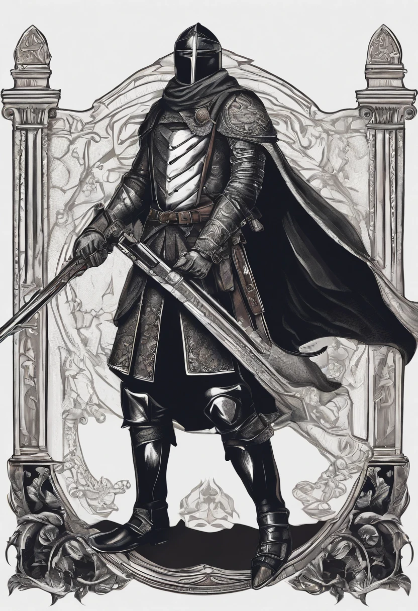 /imagine prompt: Excellent hunter illustration with sticker on black background，Take a shotgun and make a defensive stance，medieval times，The outline is bold, Jagged edges, Trash core, Light and Shadow - V 5.2