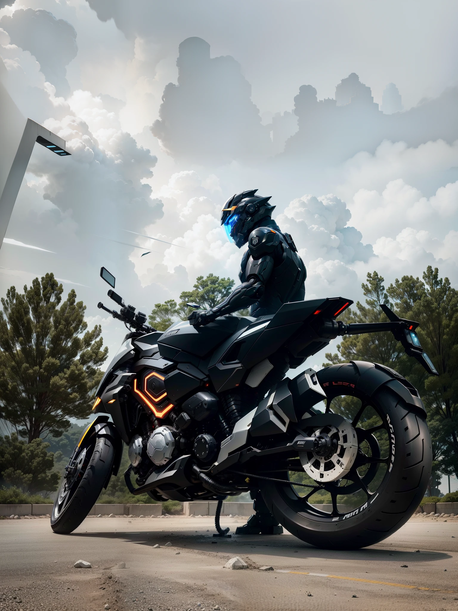Realistic, shiny, mechanical legs, reflection, bioluminescence, futuristic mecha helmet, mecha, 8K, shocking details, futuristic armor, motorcycle, R6, girl, (((black helmet, reflective lenses)))), SH4G0D, GlowingRunes_red, full body, a woman, (one leg), (one black mechanical leg) wearing a helmet, sitting on a cyberpunk motorcycle, a city in the background, against the background of trees, R6, motorcycle,