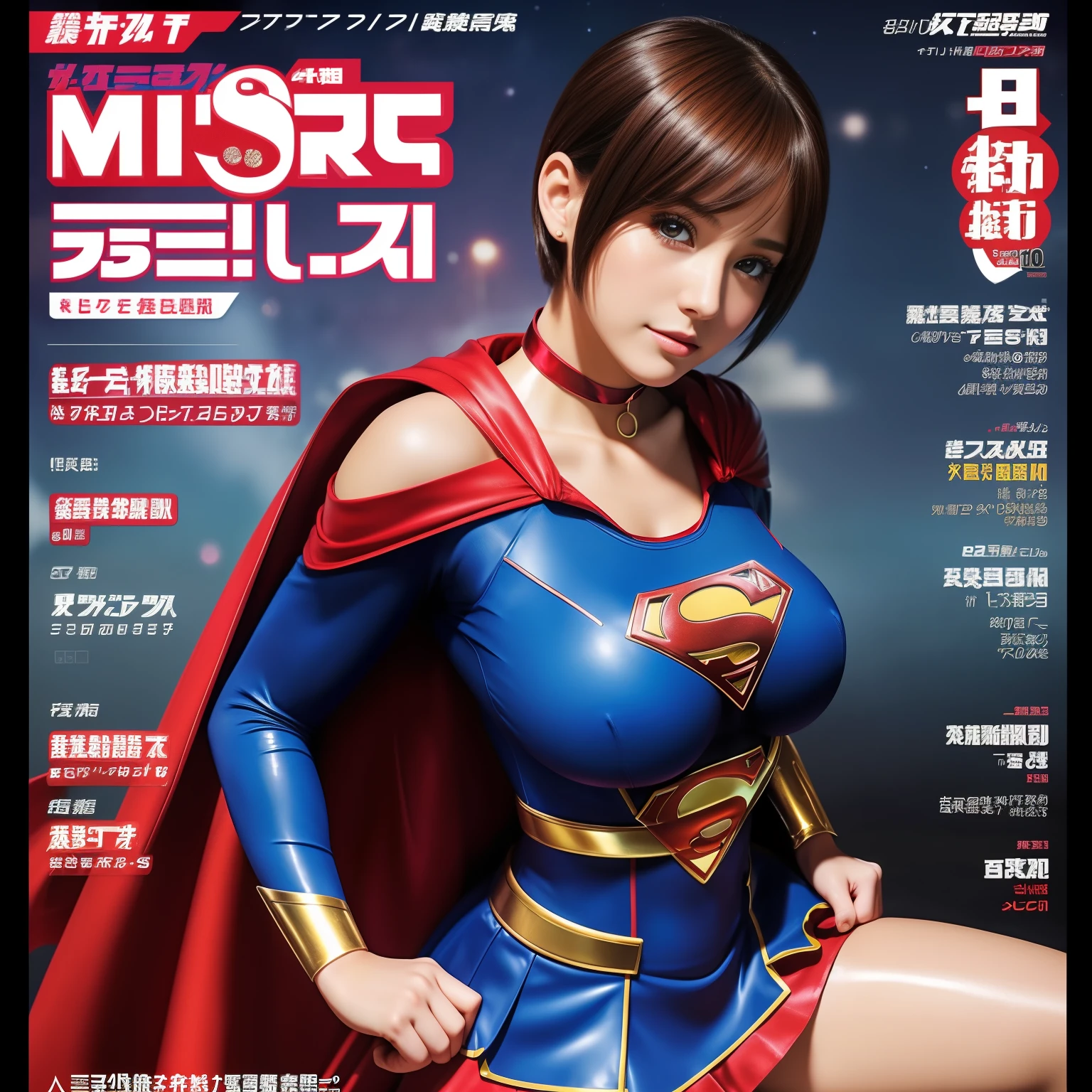 (Best Quality,4K,8K,hight resolution,masutepiece:1.2),Ultra-detailed,Realistic:1.37,Super masterpiece,Short-haired Supergirl、large full breasts、Looking at the camera、Glossy costume、a choker、Too short miniskirt、Magazine covers、Shonen Magazine