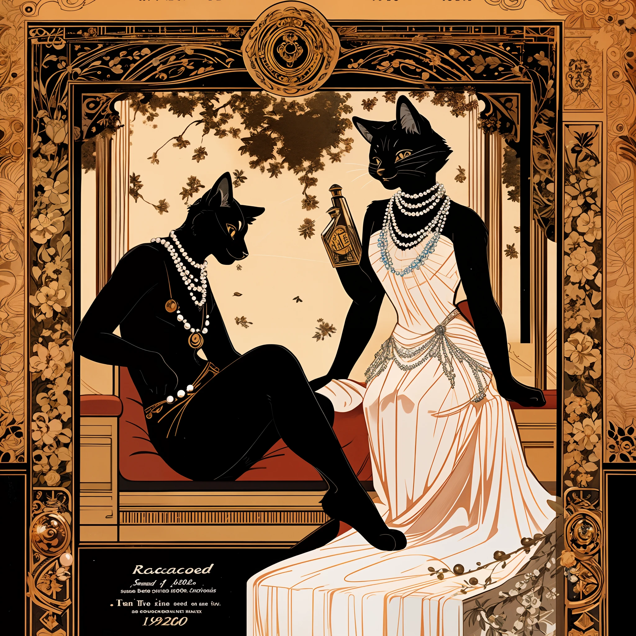 vector art, arafed black cat sitting on a pedestal with a pearl necklace, elegant cat, 1920s advert, 1960s advertisement, luxury advertisement, magazine advertisement, 1960s perfume bottle ads,