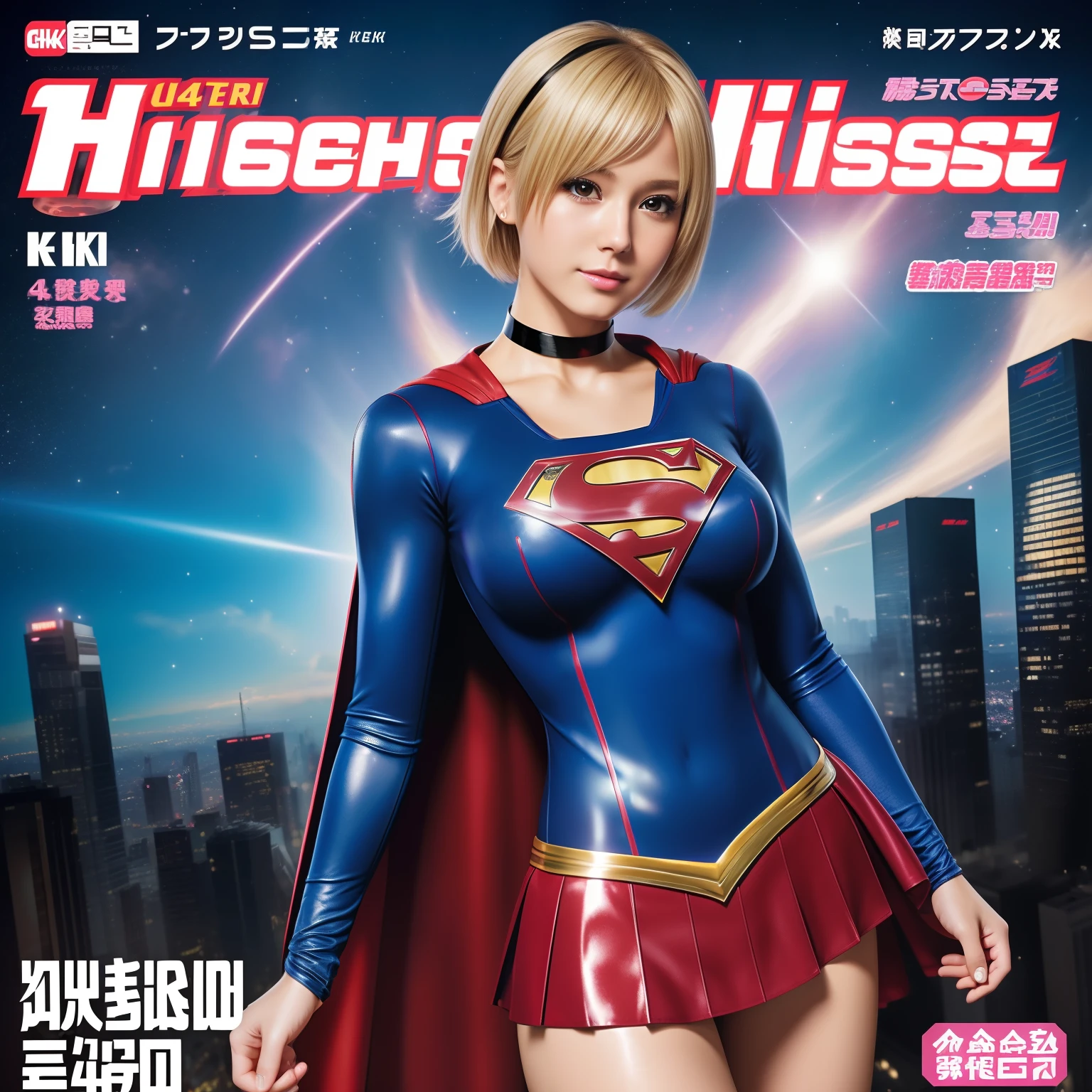 (Best Quality,4K,8K,hight resolution,masutepiece:1.2),Ultra-detailed,Realistic:1.37,Super masterpiece,Short-haired Supergirl、large full breasts、Looking at the camera、Glossy costume、a choker、Too short miniskirt、Magazine covers、Shonen Magazine