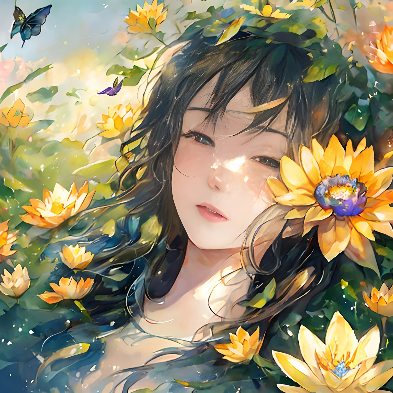 Masterpiece, 1girl,, beautiful and delicate face, age:21, long hair, medium chest, hair flower, water on the skin, shyness, butterfly, meadow, waterfall, lotus, dawn, (very detailed), (realistic), bright colors, bright, deep shadows, dynamic light, colorwater --v6