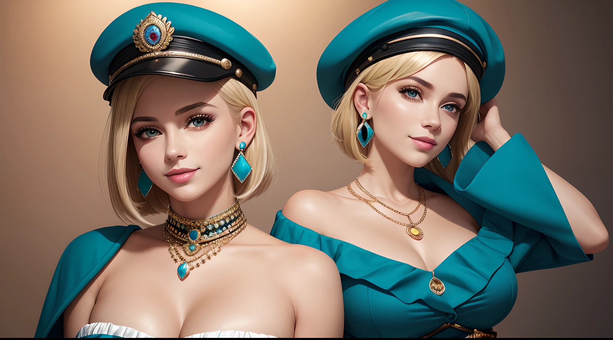 Fayobor style, Masterpiece, Best quality, 1girll, 21 years old, Smile, Pink lips, aqua eyes, blue beret hat, Blonde hair, Closed mouth, Earrings, Hat, Gem earring, jewelry, Off-the-shoulder bandeau, Large breasts,Short hair, Solo, Focus on the chest, Dim, Dark, High contrast, Caustics