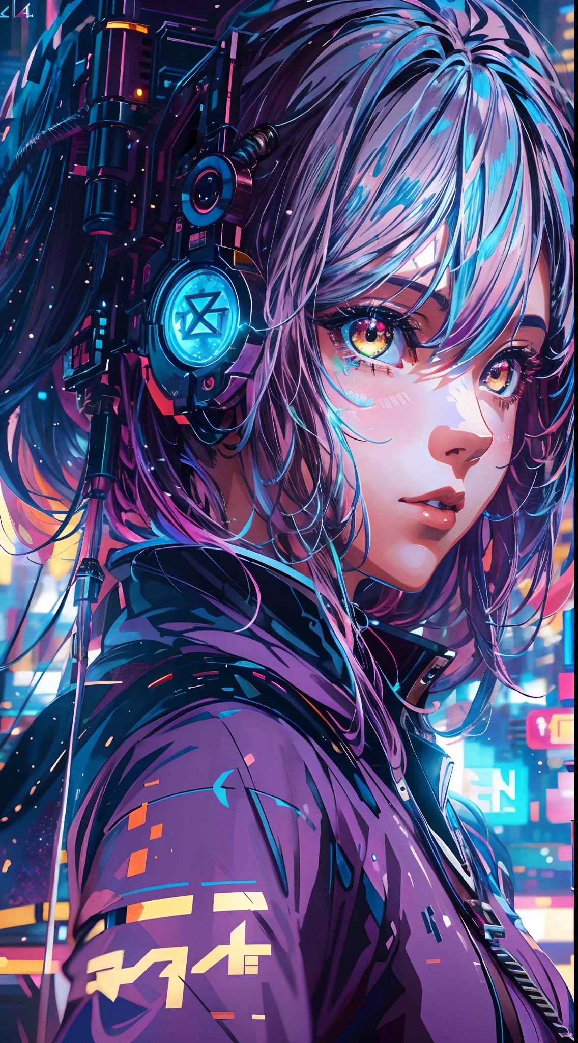 (best quality,4k,8k,highres,masterpiece:1.2),ultra-detailed,(realistic,photorealistic,photo-realistic:1.37),anime,girl,cityscape,rainbow sky,sci-fi,futuristic city,New Tokyo,New Humans,cyberpunk,detailed eyes,detailed lips,detailed hair,long eyelashes,portraits,inspired by Cyril Rolando,artwork,anime wallpaper,anime art wallpaper,anime art wallpaper 4k,anime art wallpaper 8k,motion,impressive,inspired by Yuumei,giant moving castle,light trails,neon lights,high-rise buildings,overcast sky,reflective surfaces,unique poses,vibrant colors