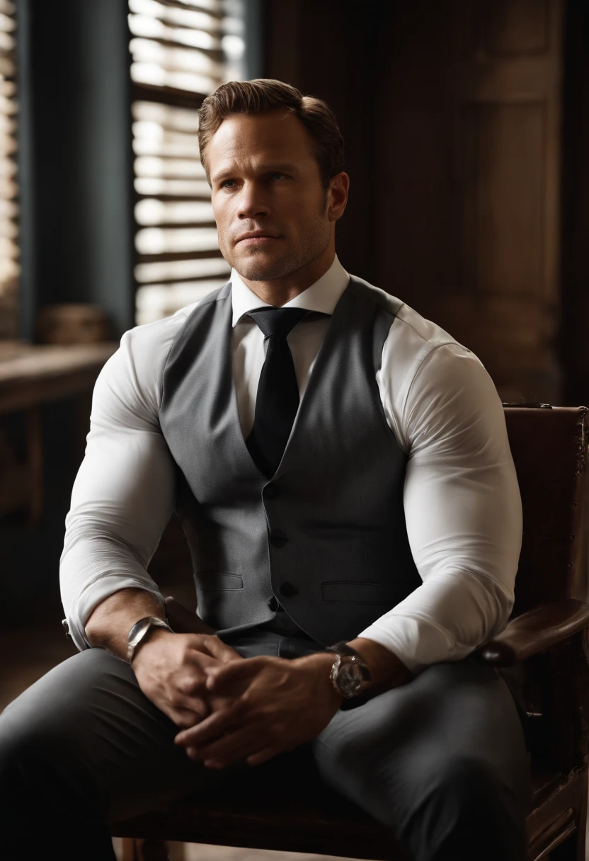 Uma imagem fotorrealista de Chirs Pratt musculoso, ombros largos, bulky arms, coxas grossas, is shown sitting in a wooden chair. He is dressed in a gray suit with a white shirt and a black tie, His expression is one of frustration and helplessness as he struggles to free himself from his restraints. In the background, There are subtle hints of sloppiness, Quarto mal iluminado, com algumas caixas e caixotes empilhados contra as paredes. The lighting is low, com sombras projetadas sobre o rosto e a roupa do detetive, emphasizing the gravity of your situation.