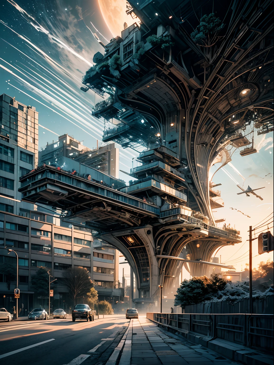 Futuristic architecture, arquitectura premiada, skyscraper architectureCity, Photographic style, rendering, Alameda de plane trees, Highly detailed dream building in the architectural styles of Oscar Niemeyer and Ernst Haeckel :: Arquiteturacore :: High contrast wide avenue in front full of trees, Realistic visuals of plane trees，attractive beautiful，dramatic contrast，Gentle lighting，Delicate warmth，the soft light，hyper HD， Extremely colorful，best qualityer，perfect female shape，HighDynamicRange，long eyelasher，Unbeatable masterpiece，Snow-whiteskin，putting makeup on，，starrysky，arbitrator，glorious，Heteropupil，Reward the sexy goddess，Large metal mechanical gears，Strange sky，8K high quality，A pair of big eyes are beautiful and moving，White skin，Makeup，Sexy outfit， 【Background with】Large gold gear，Doomsday ruins，Giant tornado，The setting sun burns the clouds，Multiple planets，The end of the world，Multiple planets，Mards，Jupiter，Lightning Thunder， Mercury，Strange sky，Giant tornado，Blue light，salama，Large flying machines，Large flying saucers，ufos，Cool car，Time Tunnel，nuclear power plant，Futuristic car，Cool headlights，Mechanical pets，space shuttle，The rocket takes off and ignites。