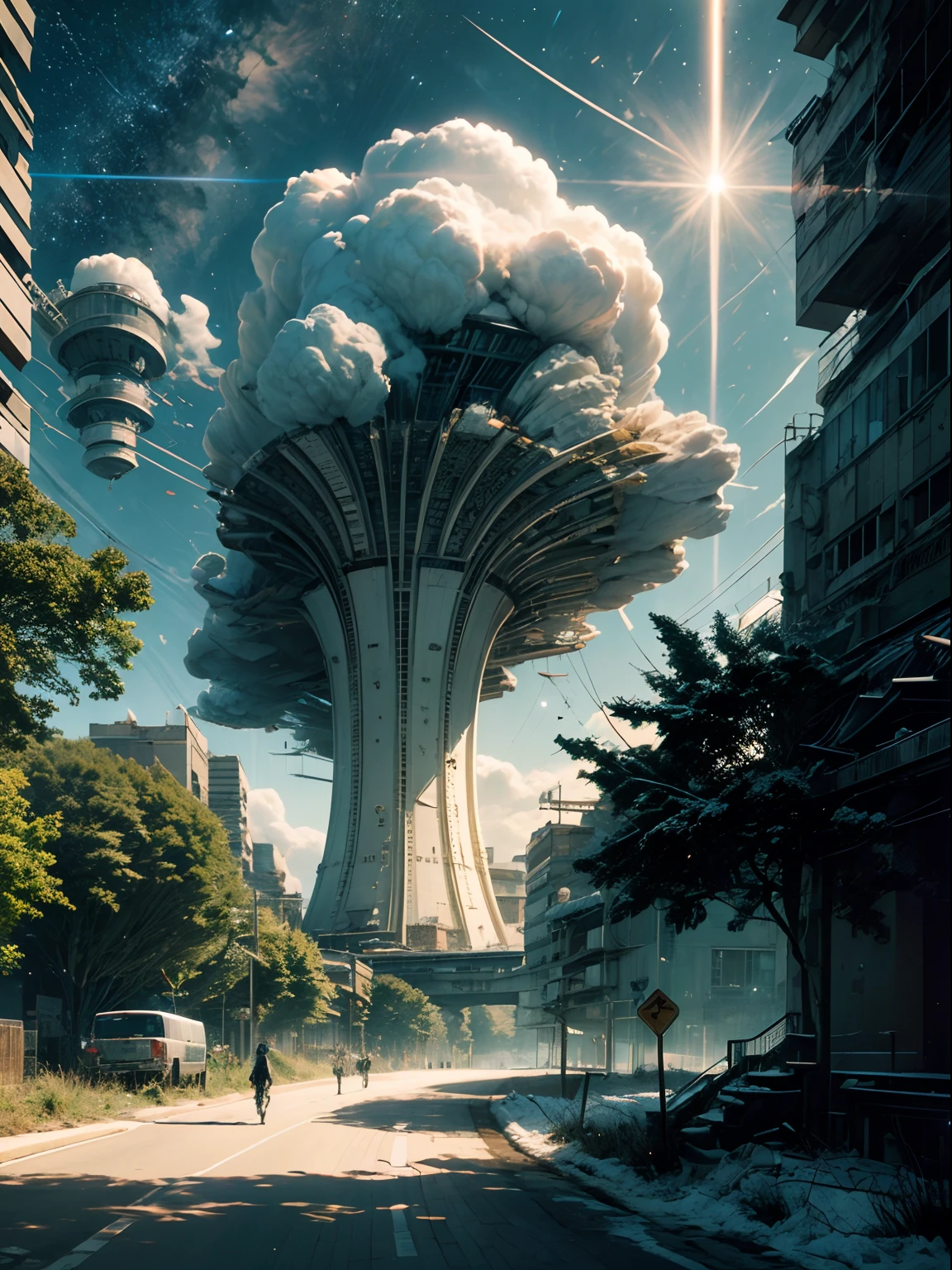 Futuristic architecture, arquitectura premiada, skyscraper architectureCity, Photographic style, rendering, Alameda de plane trees, Highly detailed dream building in the architectural styles of Oscar Niemeyer and Ernst Haeckel :: Arquiteturacore :: High contrast wide avenue in front full of trees, Realistic visuals of plane trees,attractive beautiful,dramatic contrast,Gentle lighting,Delicate warmth,the soft light,hyper HD, Extremely colorful,best qualityer,perfect female shape,HighDynamicRange,long eyelasher,Unbeatable masterpiece,Snow-whiteskin,putting makeup on,,starrysky,arbitrator,glorious,Heteropupil,Reward the sexy goddess,Large metal mechanical gears,Strange sky,8K high quality,A pair of big eyes are beautiful and moving,White skin,Makeup,Sexy outfit, 【Background with】Large gold gear,Doomsday ruins,Giant tornado,The setting sun burns the clouds,Multiple planets,The end of the world,Multiple planets,Mards,Jupiter,Lightning Thunder, Mercury,Strange sky,Giant tornado,Blue light,salama,Large flying machines,Large flying saucers,ufos,Cool car,Time Tunnel,nuclear power plant,Futuristic car,Cool headlights,Mechanical pets,space shuttle,The rocket takes off and ignites。