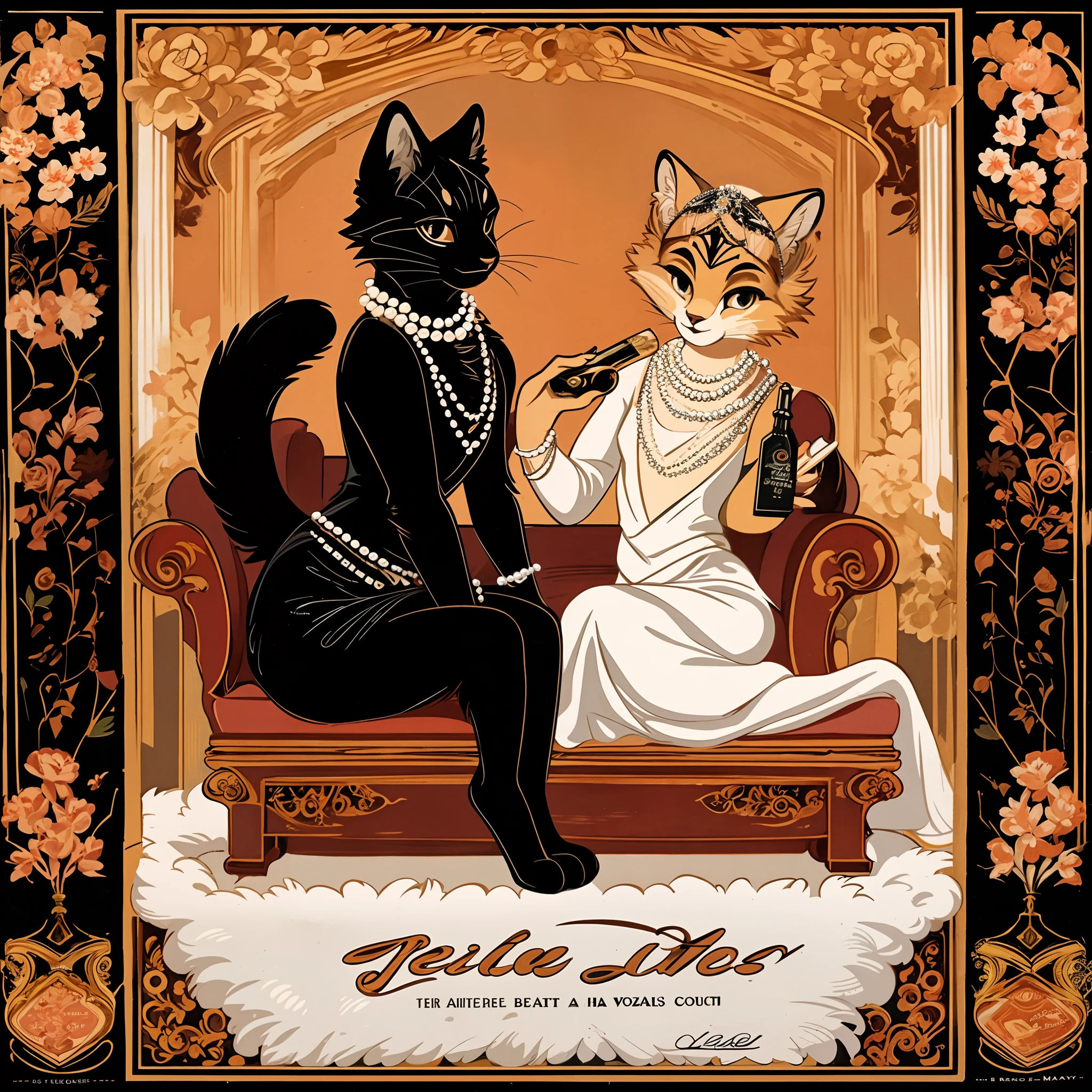 vector art, arafed black cat sitting on a pedestal with a pearl necklace, elegant cat, 1920s advert, 1960s advertisement, luxury advertisement, magazine advertisement, 1960s perfume bottle ads,