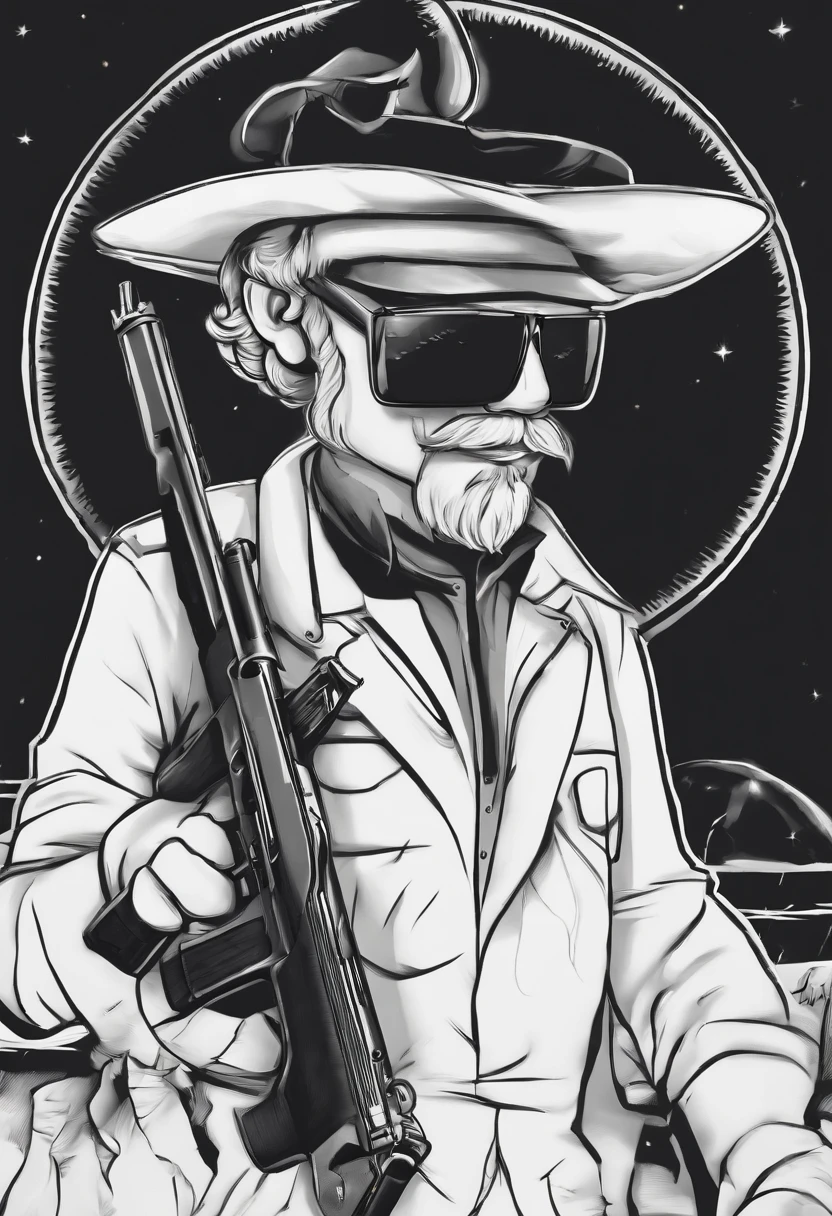 /imagine prompt: Hunter illustration with sticker，There is light in the eyes，Pick up a shotgun，The outline is bold, Jagged edges, Garbage core, Light and Shadow - V 5.2