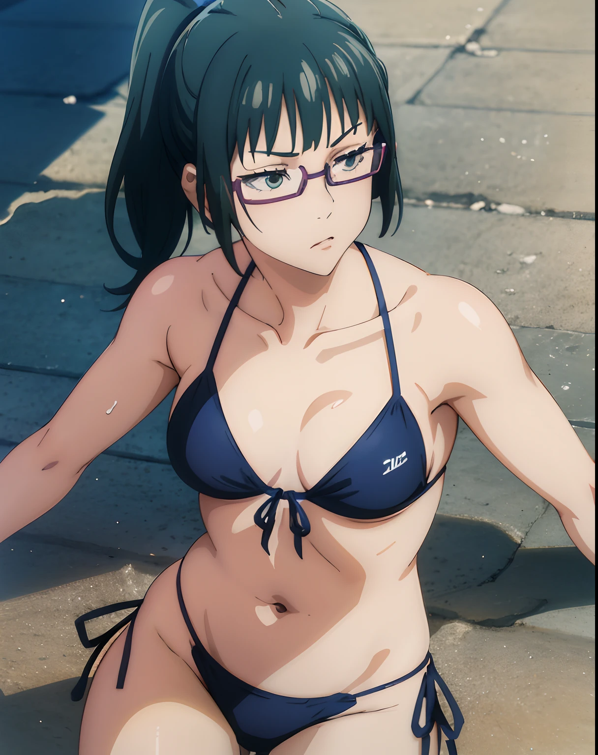 high-level image quality、Girl in micro bikini on the beach, Enchanting anime girl, realistic bikini, Best Anime 4k Konachan Wallpapers, Smooth Anime CG Art, Fubuki, Where is the Gawau, in beach, Marine Kitagawa Fan Art, Ilya Kuvshinov. Racing in 4K, anime moe art style, Zhenyuan Maki. (Best Quality, 4K, Ultra-detailed, Realistic:1.2), Vibrant colors, Soft lighting,Long ponytail,Girl Wearing Glasses
