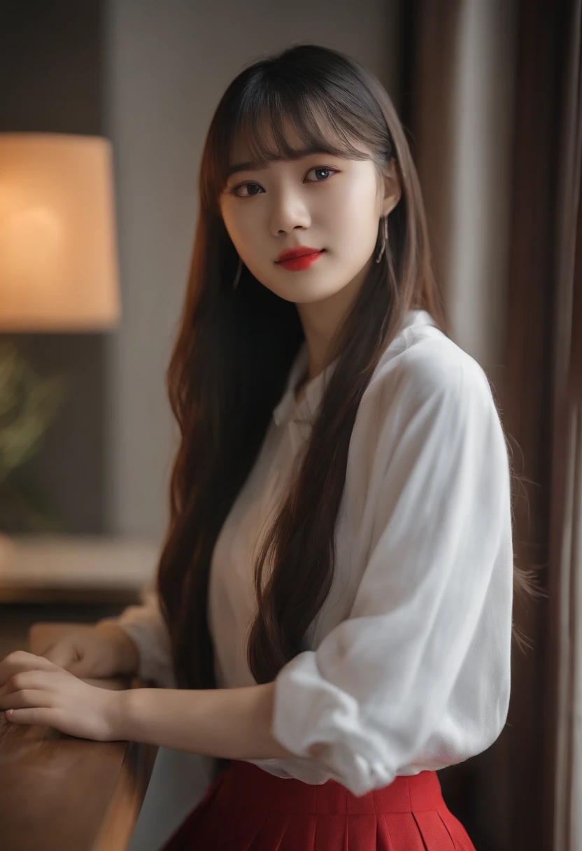 top-quality, Photorealsitic, masterpiece, 8K, Hi-Res, 独奏, 1girl, (((infp young woman))),sixteen years old、full bodyesbian、(small tits), ((Look at viewers)), (look at a camera), ((Various hairstyles close to long))、Perfect straight black hair、((With bangs))、 (profetional lighting), Highly detailed bright face、Gentle Japan girl、Nice smiling face、Red T-shirt(long-sleeve)、Checked pleated skirt、Standing in the room