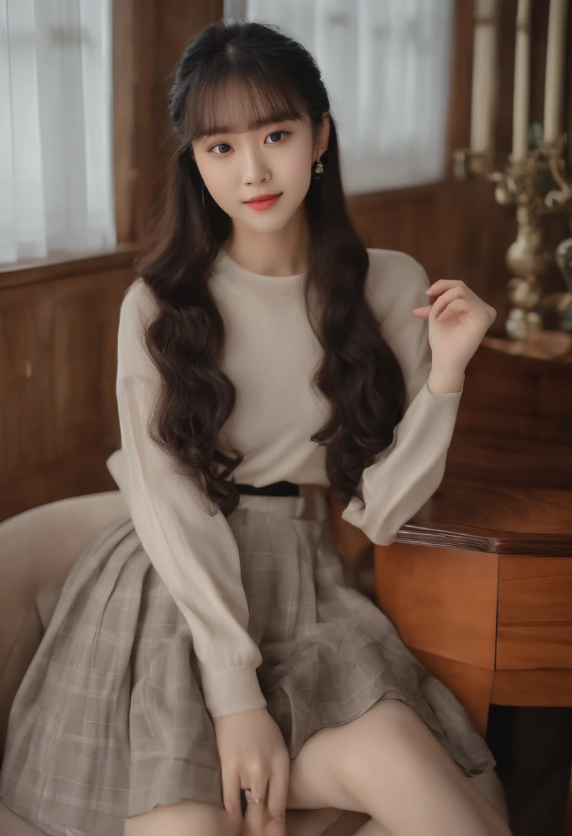top-quality, Photorealsitic, masterpiece, 8K, Hi-Res, 独奏, 1girl, (((infp young woman))),sixteen years old、full bodyesbian、(small tits), ((Look at viewers)), (look at a camera), ((Various hairstyles close to long))、Perfect straight black hair、((With bangs))、 (profetional lighting), Highly detailed bright face、Gentle Japan girl、Nice smiling face、Red T-shirt(long-sleeve)、Checked pleated skirt、Standing in the room