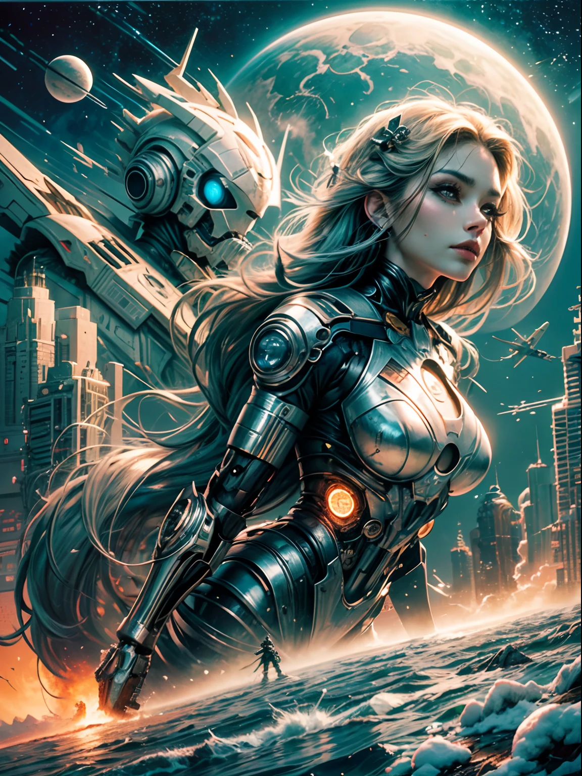 Dark fantasy art,Cyberpunk, White Mechanical Guardian,Donning a cybernetic cape,Mechanical parts damage, cruel、Violence：1.1,(Dust clouds),(arena),(arms:1.1),author：Sandra Chevrier, Dave McKean、Richard Avedon、Screenplay by Makizi Kuciala, Luminous design
