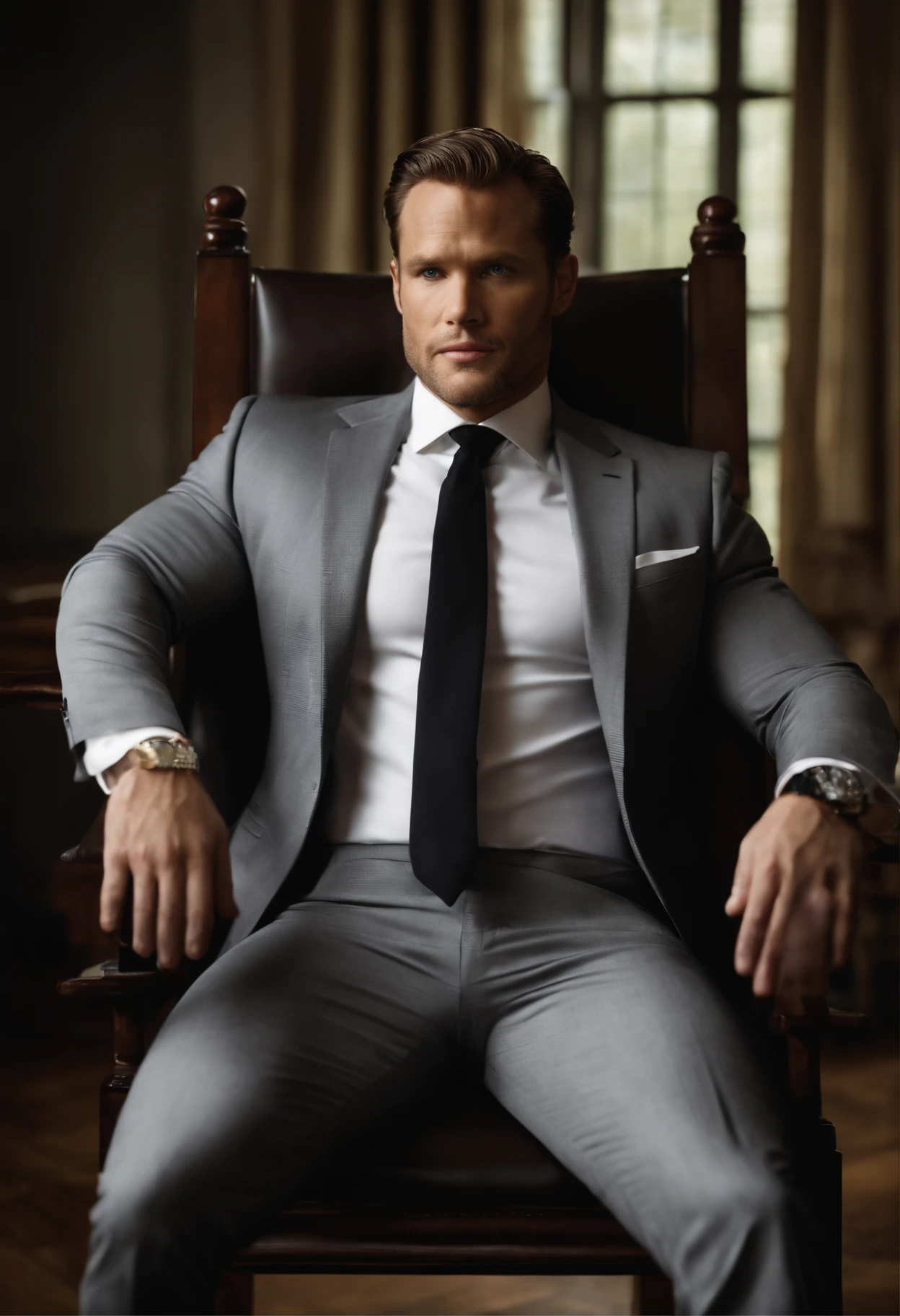 Uma imagem fotorrealista de Chirs Pratt musculoso, ombros largos, bulky arms, coxas grossas, is shown sitting in a wooden chair. He is dressed in a gray suit with a white shirt and a black tie, His expression is one of frustration and helplessness as he struggles to free himself from his restraints. In the background, There are subtle hints of sloppiness, Quarto mal iluminado, com algumas caixas e caixotes empilhados contra as paredes. The lighting is low, com sombras projetadas sobre o rosto e a roupa do detetive, emphasizing the gravity of your situation.