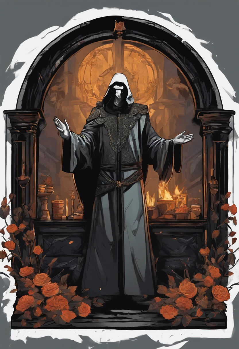 /imagine prompt: priest，Illustration with sticker on black background，The outline is bold, Jagged edges, Garbage core, Light and Shadow - V 5.2