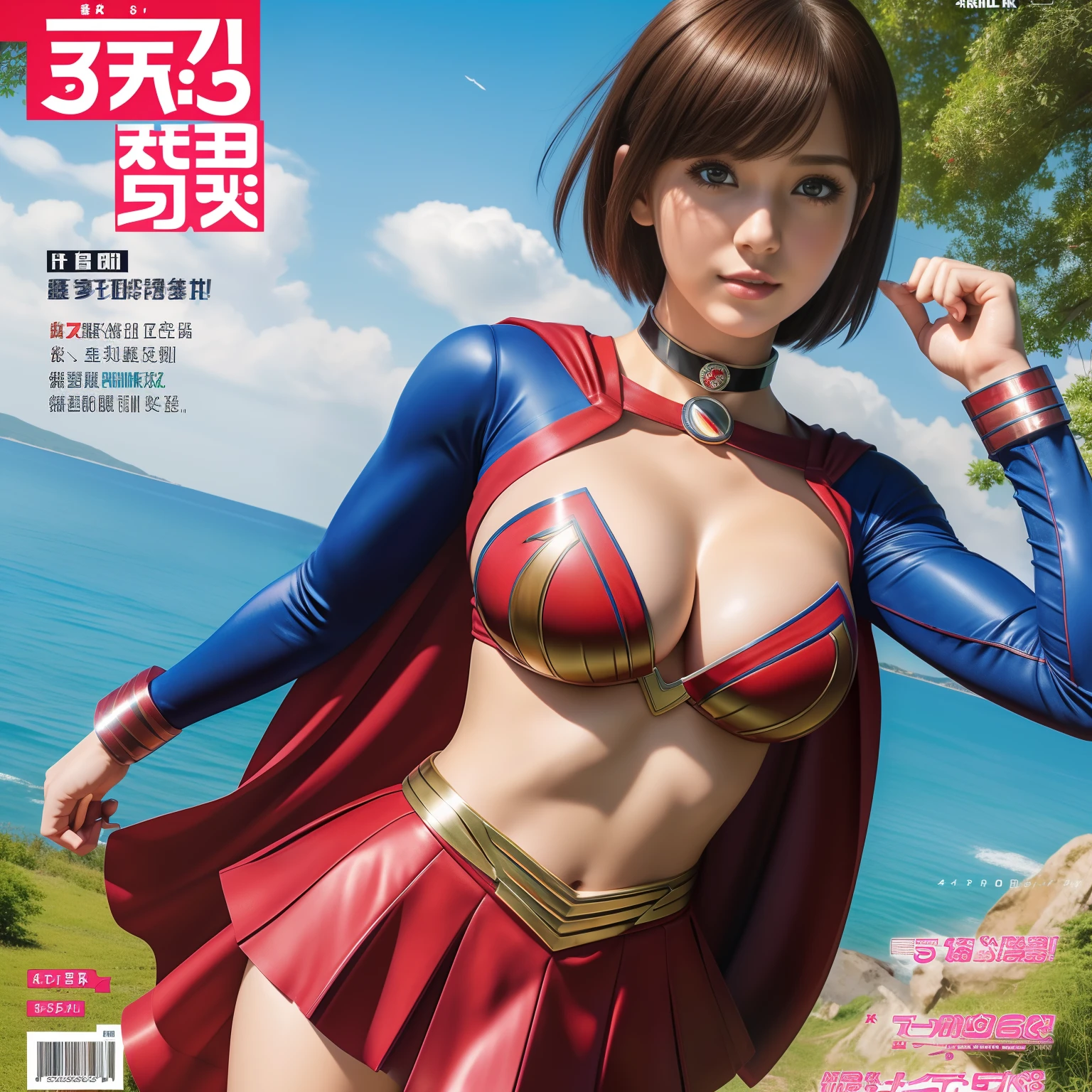 (Best Quality,4K,8K,hight resolution,masutepiece:1.2),Ultra-detailed,Realistic:1.37,Super masterpiece,Short-haired Supergirl、large full breasts、Looking at the camera、Glossy costume、a choker、Too short miniskirt、Magazine covers、Shonen Magazine