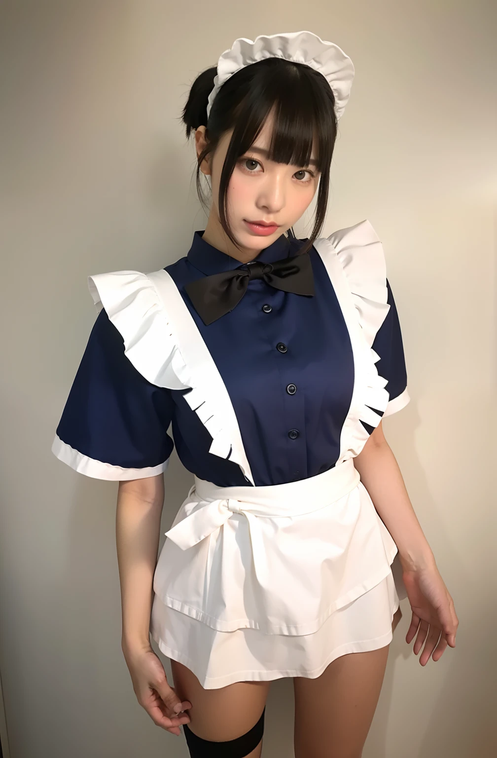 nsfw,((8K Highest Quality、masterpiece、超A high resolution、photo-like))、beautiful japanese female、Elegance、There is a good、Gradient lighting、Delicate skin、Look here、Brown-eyed、short hair with bangs、Photorealsitic、Raw photography、pureerosface、 cutout、pleats、Trimmed length、miniskirt,maid,narrow waist,small chest