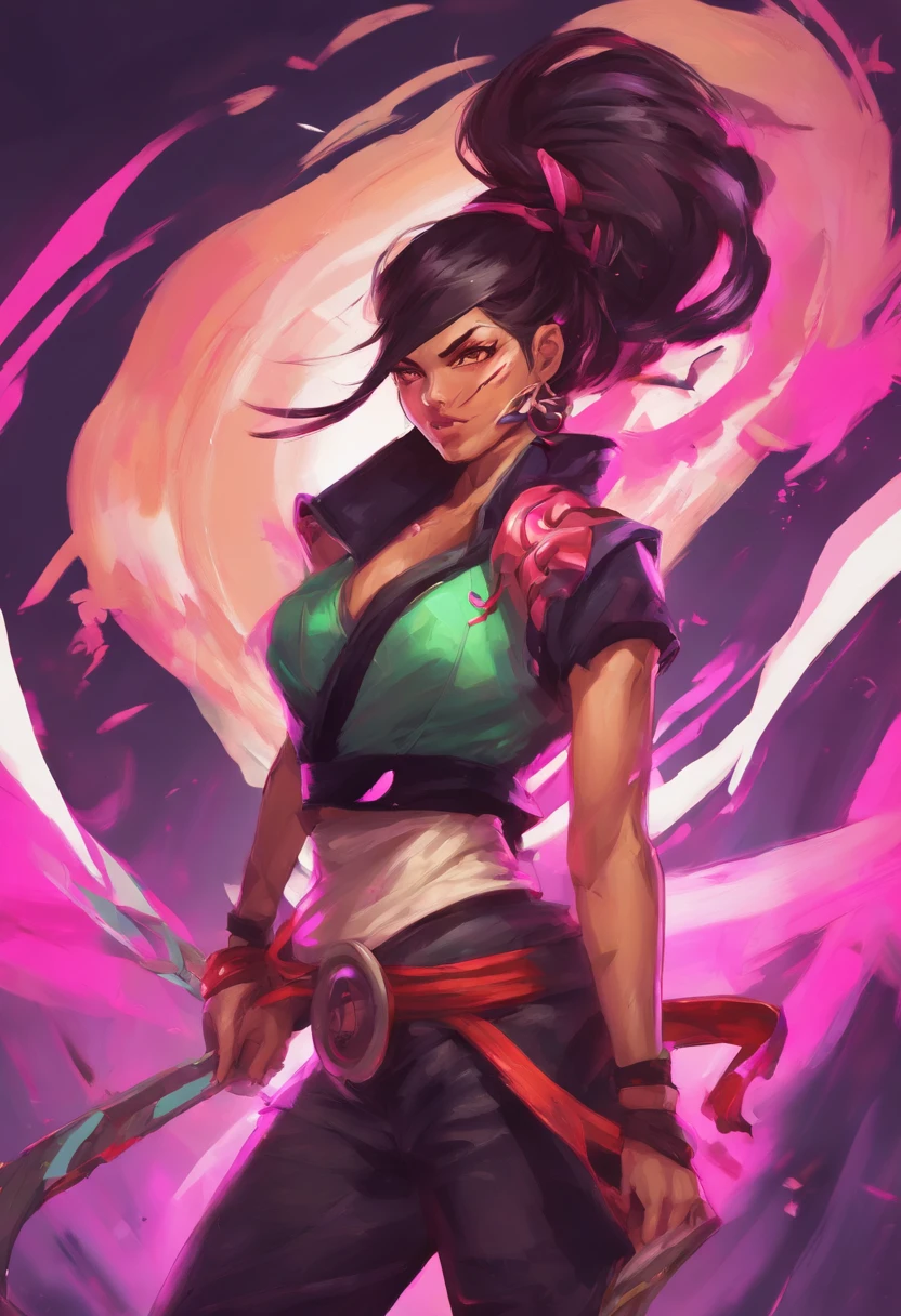 akali league of legends , lol akali, cabelos pretos, cor do cabelo preto, vestido uma camisa curta, wearing pants, league of legend, hair tied back, segurando uma kunai, kunai