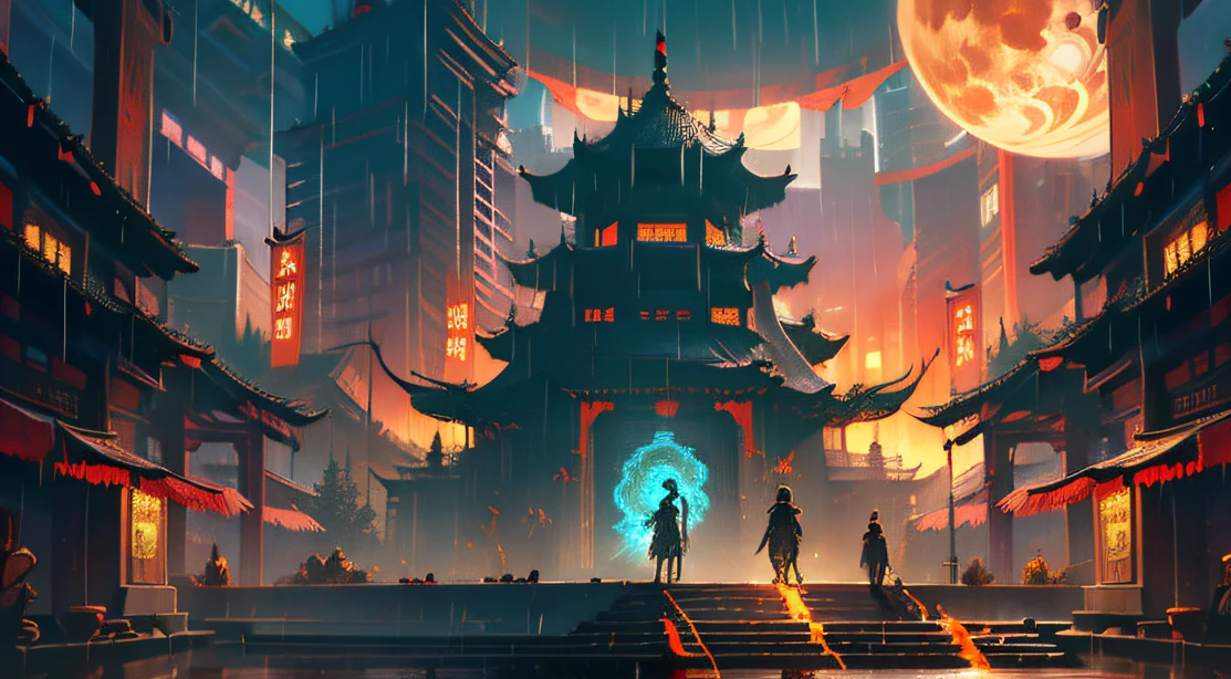Technologically sensed city,darkly,Flashing,People come and go in the city, animation, Technology development,tmasterpiece, Better quality, Still photography, Fantasy fairy tale international prosperity ancient temple,The ancient temple complex has a large number of Confucian mortise and tenon tenons、Mortise and tenon structure,A huge bronze bell flies over the mountains,Visibility is particularly high,depth of fields, Ghost Night,it is raining,Light rainy night,The fire burst into the sky,Smoke billowed out,Telephoto lens for long-range shooting,Bucket arch mortise and tenon structure,Inverted building,unfathomed,People come and go in the city,Something big happens