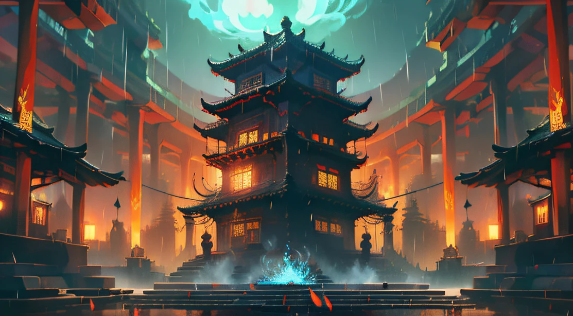 Technologically sensed city,darkly,Flashing,People come and go in the city, animation, Technology development,tmasterpiece, Better quality, Still photography, Fantasy fairy tale international prosperity ancient temple,The ancient temple complex has a large number of Confucian mortise and tenon tenons、Mortise and tenon structure,A huge bronze bell flies over the mountains,Visibility is particularly high,depth of fields, Ghost Night,it is raining,Light rainy night,The fire burst into the sky,Smoke billowed out,Telephoto lens for long-range shooting,Bucket arch mortise and tenon structure,Inverted building,unfathomed,People come and go in the city,Something big happens