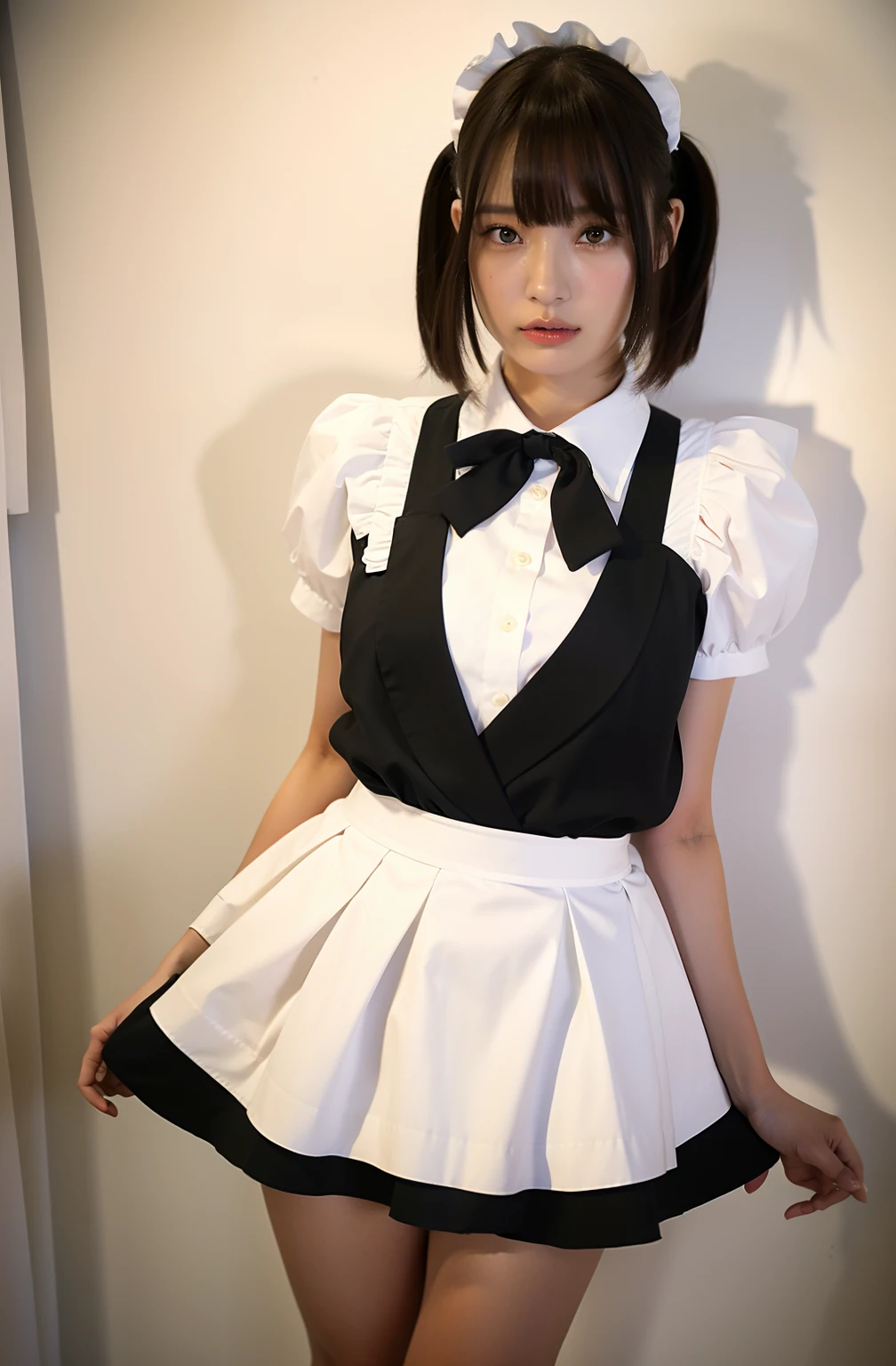 nsfw,((8K Highest Quality、masterpiece、超A high resolution、photo-like))、beautiful japanese female、Elegance、There is a good、Gradient lighting、Delicate skin、Look here、Brown-eyed、short hair with bangs、Photorealsitic、Raw photography、pureerosface、 cutout、pleats、Trimmed length、miniskirt,maid,narrow waist,small chest
