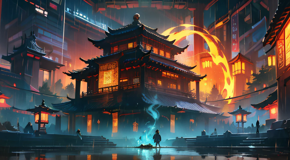 Technologically sensed city,darkly,Flashing,People come and go in the city, animation, Technology development,tmasterpiece, Better quality, Still photography, Fantasy fairy tale international prosperity ancient temple,The ancient temple complex has a large number of Confucian mortise and tenon tenons、Mortise and tenon structure,A huge bronze bell flies over the mountains,Visibility is particularly high,depth of fields, Ghost Night,it is raining,Light rainy night,The fire burst into the sky,Smoke billowed out,Telephoto lens for long-range shooting,Bucket arch mortise and tenon structure,Inverted building,unfathomed,People come and go in the city,Something big happens