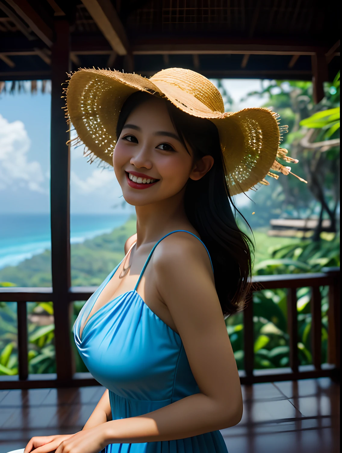 hyper realisitc，Photo style，Magical Bali scenery，
1 The girl who smiled was，volumettic light，Deep V dress，big breast,straw_Hat，Panoramic shots,
tmasterpiece， realisticlying， hdr， highly  detailed， 8K，Anatomically correct，a warm color palette，fine art photography，