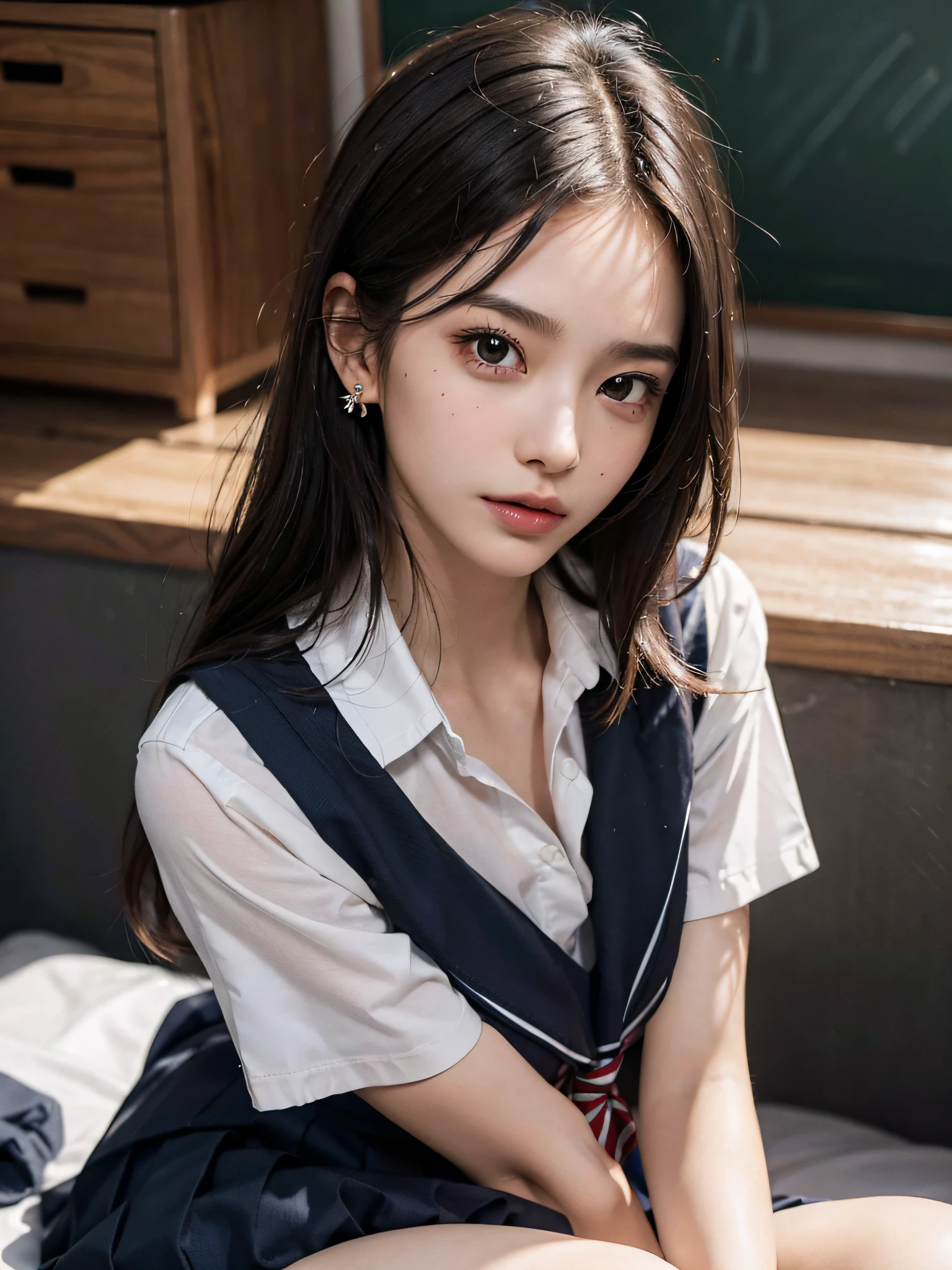 (masterpiece, best quality:1.2), a hyperrealistic schoolgirl, solo, 1girl, yukinoshita yukino, (shiny skin, wet skin:1.2), sweating, slight smile, looking at viewer, on all fours, school uniform, white shirt, plaid skirt, thighhighs, afternoon, classroom hyperrealistic schoolgirl