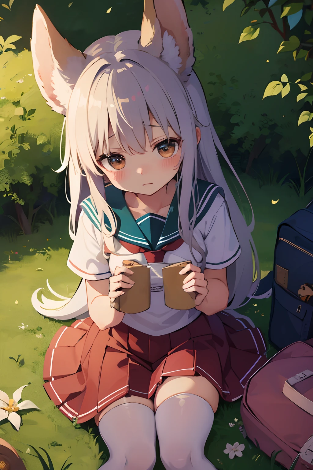 Nanachi and Riko wearing sailor suits at school、Skirt flipping、Embarrassed face