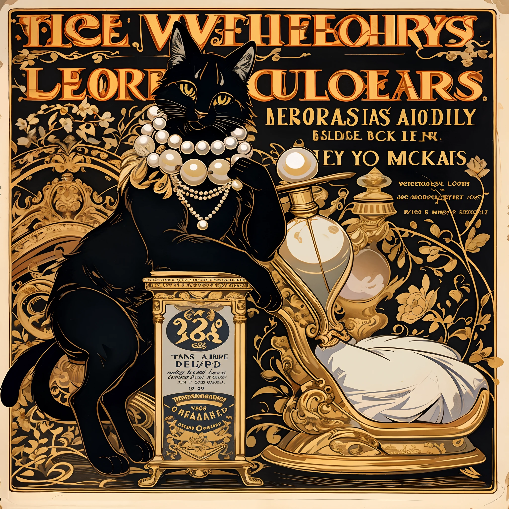 vector art, arafed black cat sitting on a pedestal with a pearl necklace, elegant cat, 1920s advert, 1960s advertisement, luxury advertisement, magazine advertisement, 1960s perfume bottle ads,