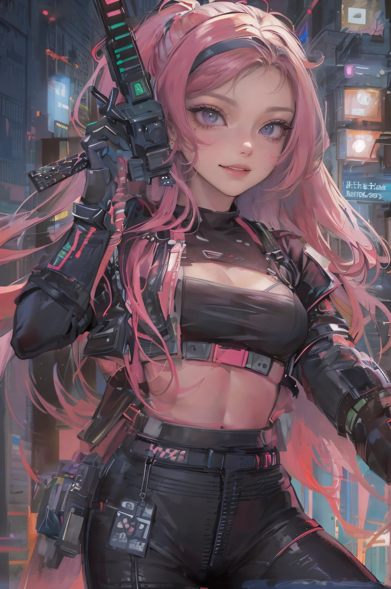 (RAW photo, best quality, masterpiece:1.2), (realistic, photo-realistic:1.4),(masterpiece:1.4),(best quality:1.4), ((sexy cyberpunk catgirl)), big breasts, :d, (bangs), blush, ((colorful body harness)), ((dynamic pose)), cowboy shot, (((cyberpunk city streets background))), hair intakes, ((shapeless long hair)), glowing neon accents, looking at viewer, sidelocks, smile, (((thigh gap))), thighs, twintails, very long hair, multicolor hair, alice \(nikke\),(shiny skin),realistic.