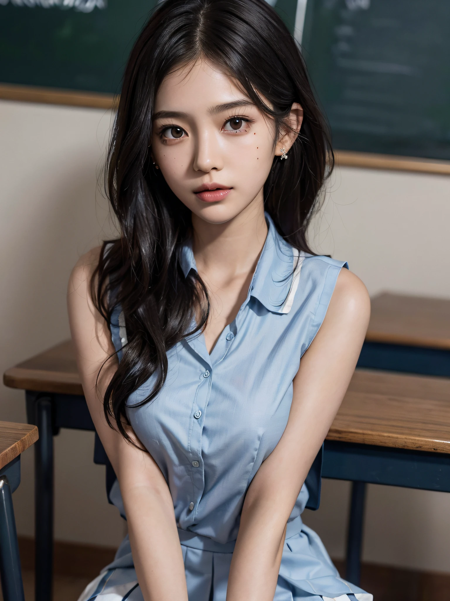 RAW photo, extremely delicate and beautiful, masterpiece, Best Quality, ultra high resolution, 16k, hyperrealistic, ultra-detailed, Very detailed CG 8k wallpaper, Beautiful Lighting, Perfect Lightning, Realistic Shadows, perfect anatomy, super Detailed shiny skin, perfect figure, Japanese woman, late 20s, very Slim body, narrow waist, very small head, handsome detailed woman, very detailed eyes and face, realistic face proportions, Stunning detailed eyes, Realistic beautiful face, very small face, Realistic small beautiful eyes, double eyelids, makeup, tearful mole, mole on chest, earring, bare legs, beautiful and very thin legs, beautiful and very thin thighs, (very huge round breasts), ((full body shot)), (short hair), wavy hair, (((school uniform, summer school uniform shirt, sleeveless))),
