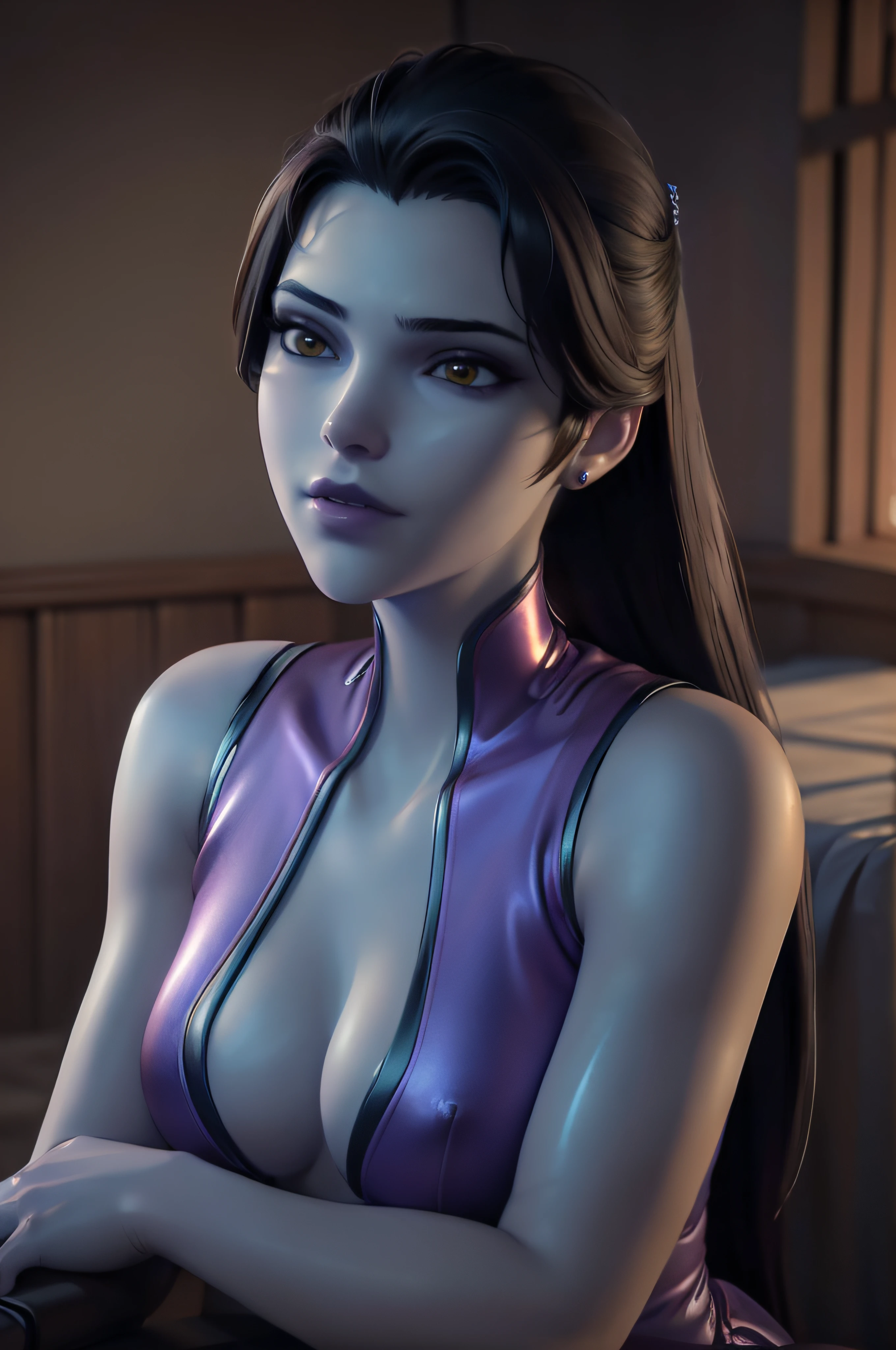 realistic, realism, photorealism, photo-realistic, high contrast, (photorealistic:1.4), 8k high definition detailed realistic, (best quality, masterpiece:1.2), NSFW, photon mapping, radiosity, physically-based rendering, best quality, highly detailed, 1girl, owwm, long hair, purple dress, upper body,
