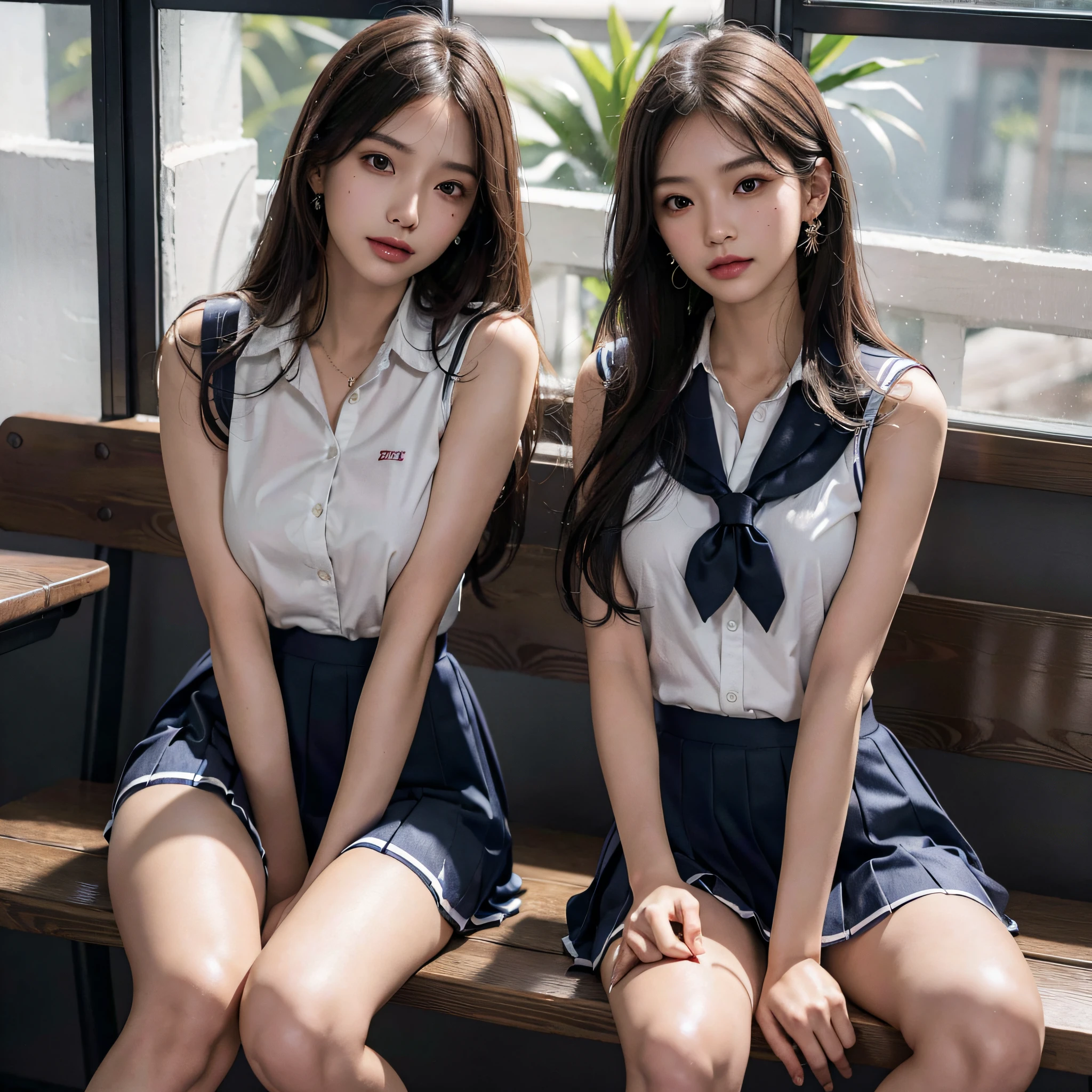 RAW photo, extremely delicate and beautiful, masterpiece, Best Quality, ultra high resolution, 16k, hyperrealistic, ultra-detailed, Very detailed CG 8k wallpaper, Beautiful Lighting, Perfect Lightning, Realistic Shadows, perfect anatomy, super Detailed shiny skin, perfect figure, Japanese woman, late 20s, very Slim body, narrow waist, very small head, handsome detailed woman, very detailed eyes and face, realistic face proportions, Stunning detailed eyes, Realistic beautiful face, very small face, Realistic small beautiful eyes, double eyelids, makeup, tearful mole, mole on chest, earring, bare legs, beautiful and very thin legs, beautiful and very thin thighs, (very huge round breasts), ((full body shot)), (short hair), wavy hair, (((school uniform, summer school uniform shirt, sleeveless))),