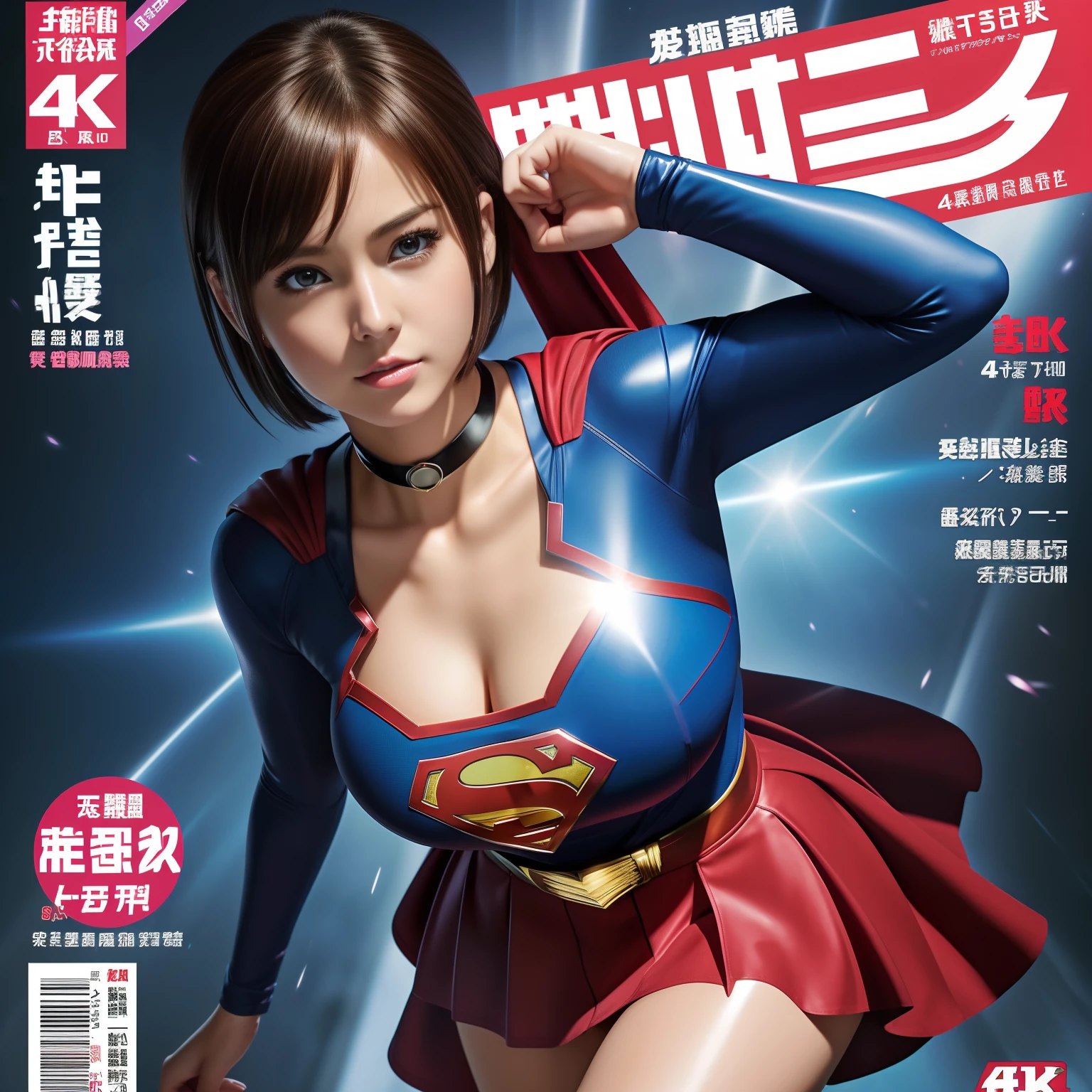(Best Quality,4K,8K,hight resolution,masutepiece:1.2),Ultra-detailed,Realistic:1.37,Super masterpiece,Short-haired Supergirl、large full breasts、Looking at the camera、Glossy costume、a choker、Too short miniskirt、Magazine covers、Shonen Magazine