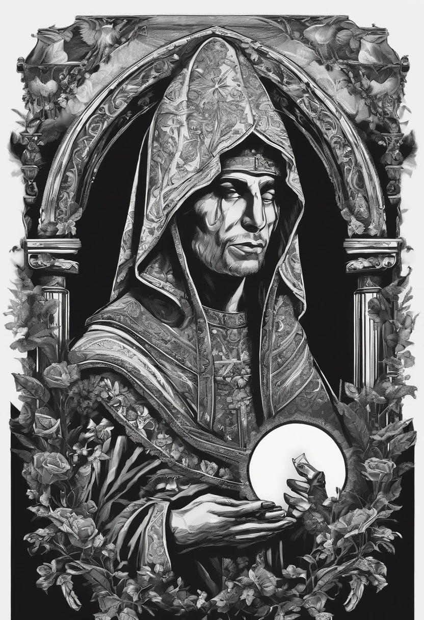 /imagine prompt: priest,Illustration with sticker on black background,The outline is bold, Jagged edges, Trash core, Light and Shadow - V 5.2