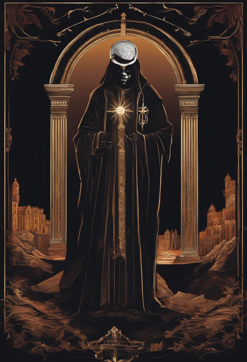 /imagine prompt: priest,Illustration with sticker on black background,The outline is bold, Jagged edges, Trash core, Light and Shadow - V 5.2