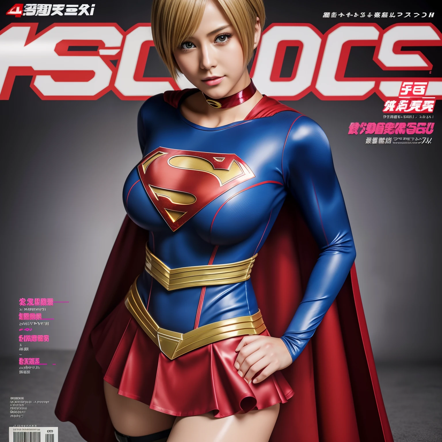 (Best Quality,4K,8K,hight resolution,masutepiece:1.2),Ultra-detailed,Realistic:1.37,Super masterpiece,Short-haired Supergirl、large full breasts、Looking at the camera、Glossy costume、a choker、Katyusha、Too short miniskirt、Magazine covers、Shonen Magazine
